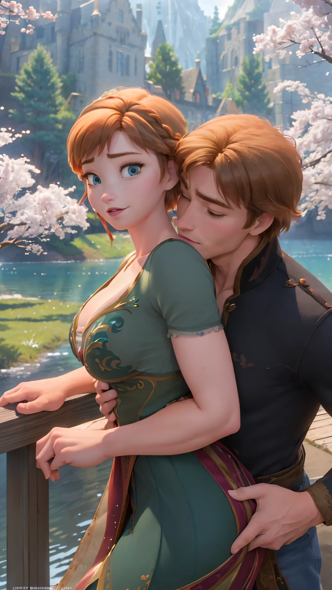 (masterpiece:1.4), (best qualit:1.4), (high resolution:1.4), Anna of arendelle and muscular man, couple, breasts exposed, man's hands grabbing Anna's breasts from behind, hugging, romance novel cover romantic, lake, huge breasts, cleavage, forest, castle in background