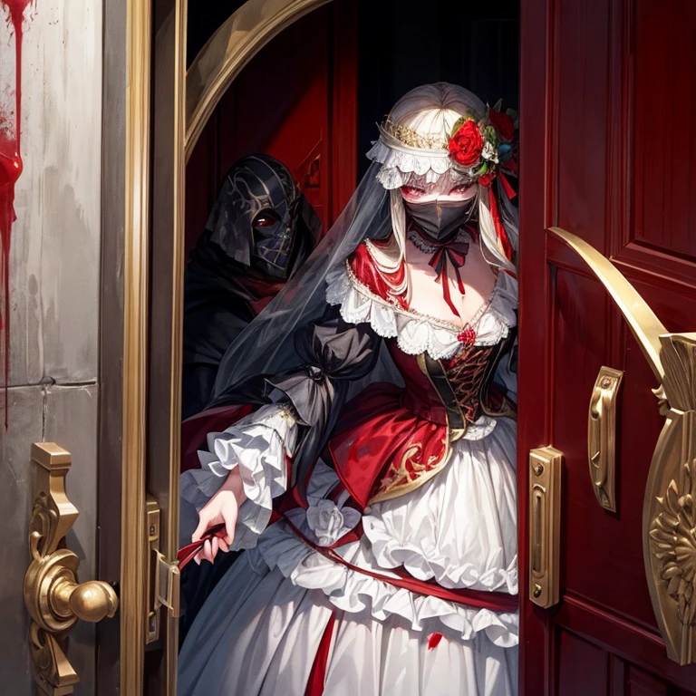 A masked person from the Venice carnival peeks through a dark door.。There's blood splatter on the door。