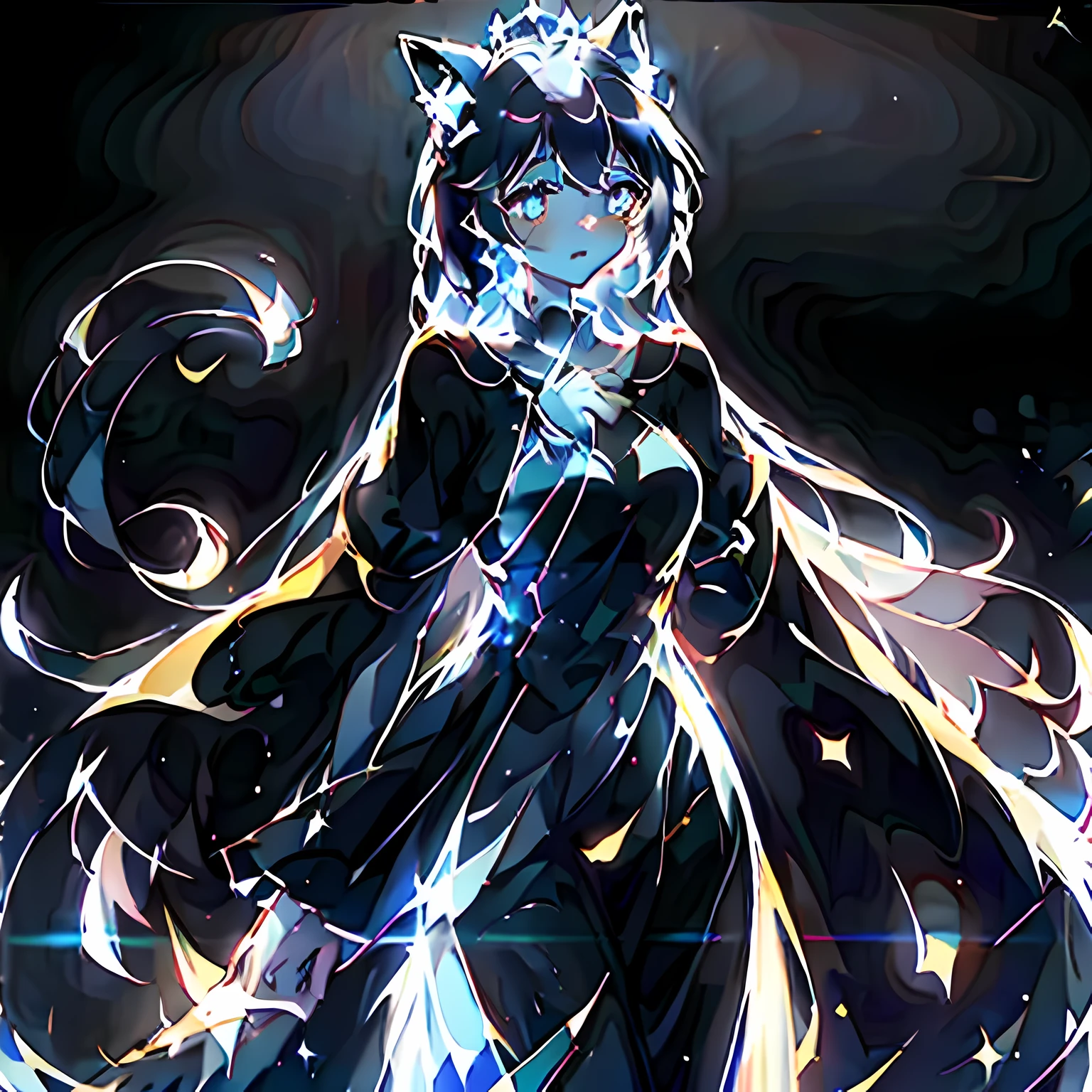 Front view,masterpiece, (best quality), 1 girl, fox tails, fox ears, There are stars in the eyes, Messy and flowing hair, Colored inner hair, Starry sky dots hair, (Many big colorful bubbles), (pearl), (galaxy), depth of field,big breasts,Glasses,, masterpiece, best quality