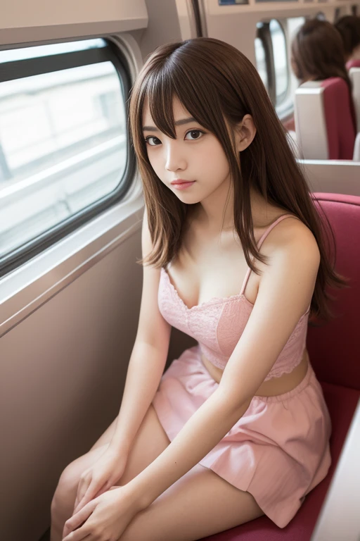 table top, highest quality, one girl, (beautiful girl, Cosplayers:1.3), (:1.2), Extremely high quality clarity, (symmetrical eyes:1.3), (beautiful scenery, Sit in a long seat on the train), (low angle shot, from below, Front view:1.3), (Naked Haruhi Suzumiya cosplay:1.3, mini pleated skirt, light pink sexy panties)、(Keep your legs apart), inner thigh:1.3), beautiful breasts, brown eyes, parted bangs, brown hair