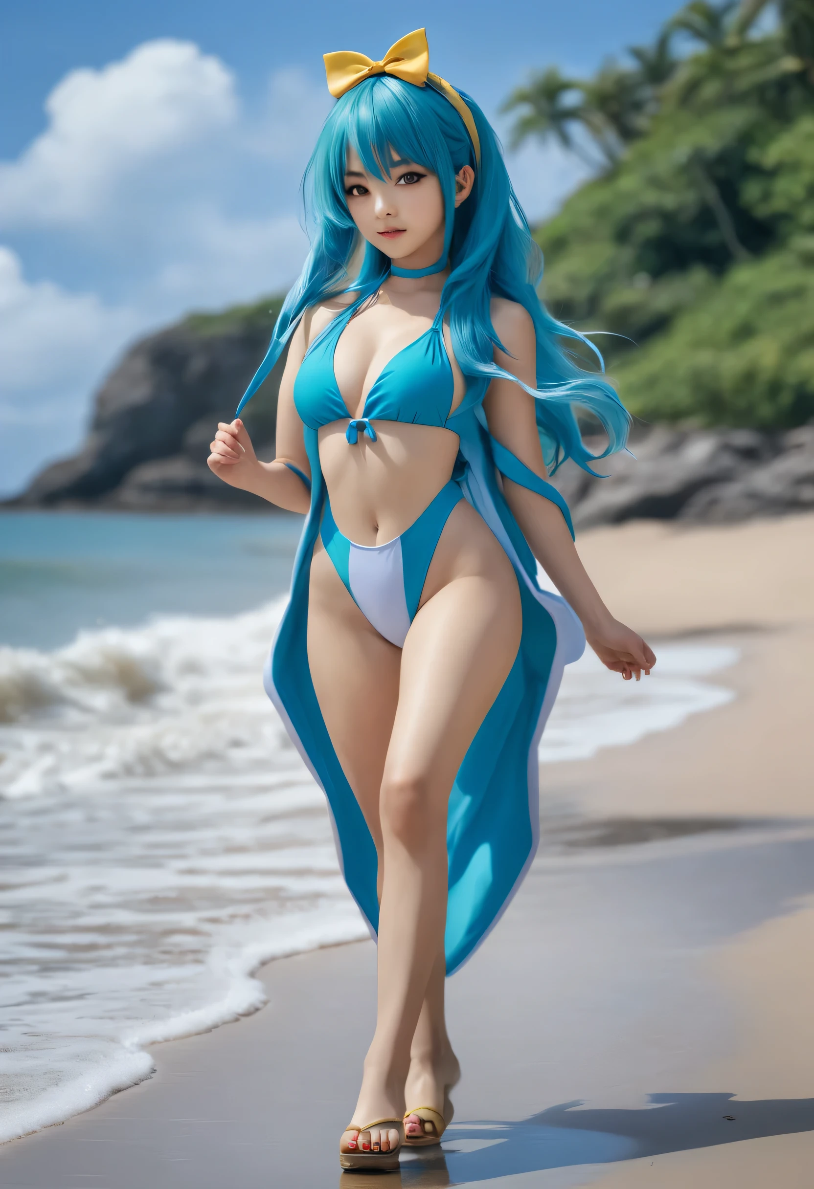 instagram star Xiaorou SeeU, dressed in swimsuit cosplay, is strolling and acting adorable by the beach, no nudity, safe for work, show all of her, full body shot, head to toe, highest detail, masterpiece, extreme quality