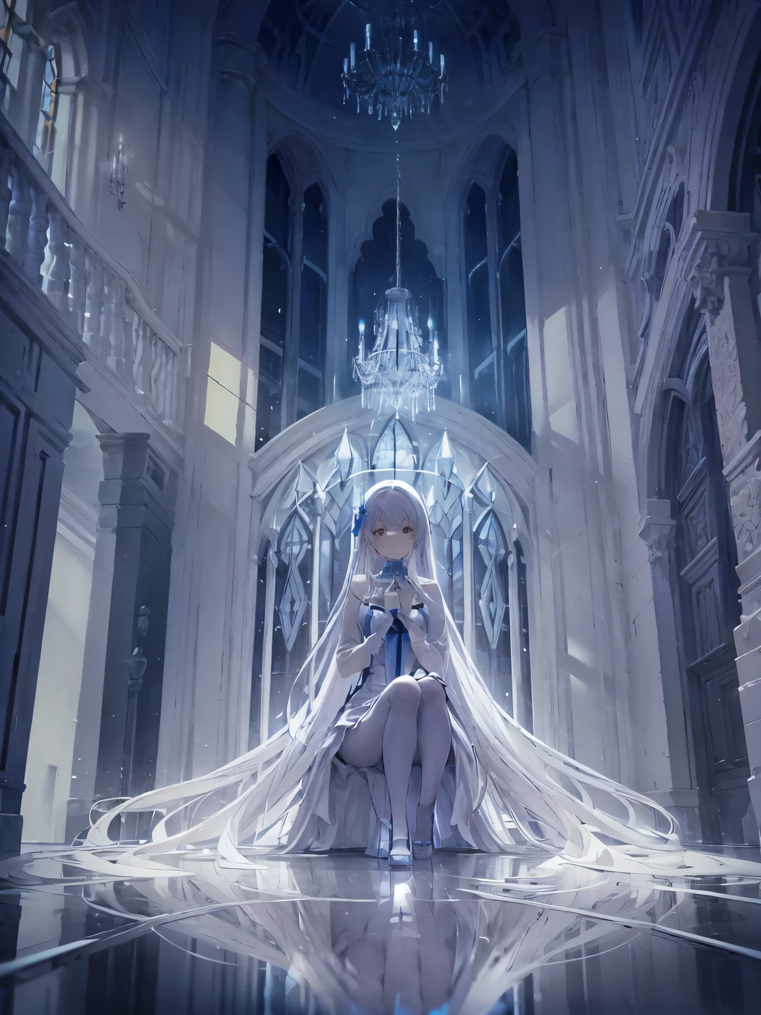 white haired woman very long hair hair falling on the floor Sitting on the floor Light is shining from above inside the white castle transparent glass BLUE Composition looking up from bottom to top Large chandelier