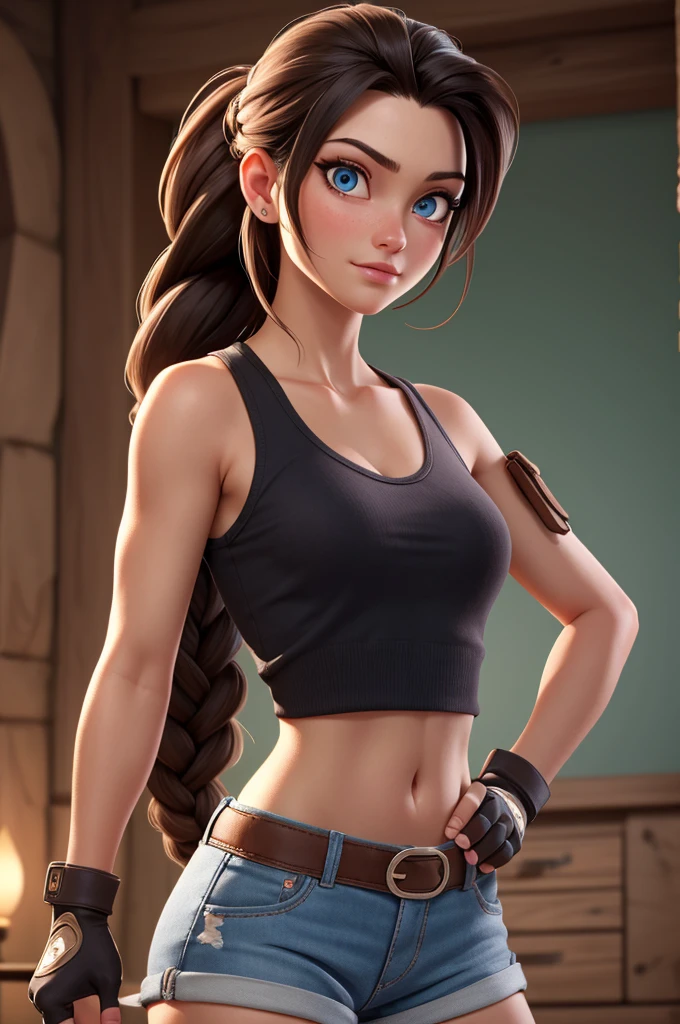 Cowboy Shot,((glossy eyes)),(masterpiece, best quality:1.4), high detail, (detailed face), detailed eyes, (beautiful, aesthetic, perfect, delicate, intricate:1.0),best quality, masterpiece, nijistyle lara croft, single braid, blue tank top, brown shorts, fingerless gloves, holster ,