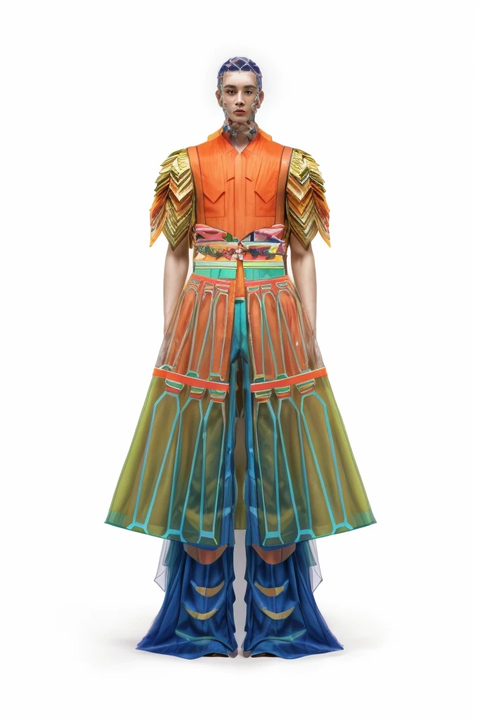 arafed image of a man in a colorful dress with a hat, outfit design, multilayered outfit, detailed fashion illustration, inspired by João Artur da Silva, modern maximalist fashion dress, inspired by Slava Raškaj, avant designer uniform, costume with blue accents, cypherpunk fashion, inspired by Gao Cen realistic clothes, realistic detail, realistic more detail, orange shirt, green skirt, dark blue pants, thin see-through fabric