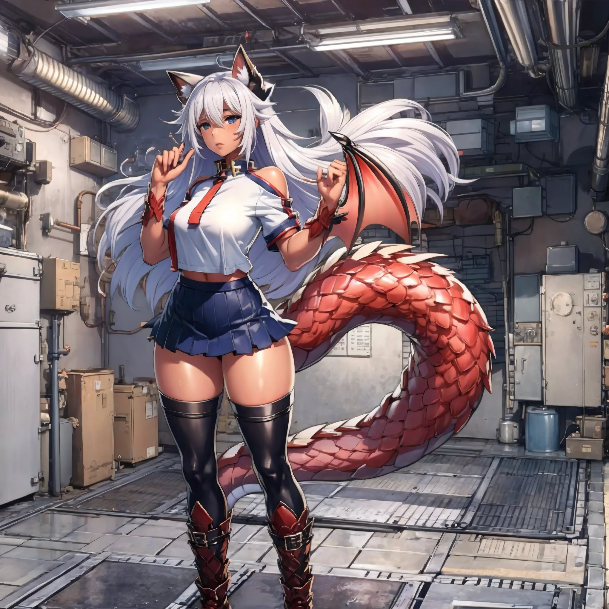 masterpiece, shoulder length white hair, female,2 white fox ears, age girl, slim body,white scale dragon tail, military boots,black leggings, dark blue skirt, white T-shirt, white jacket, medium size chest, detailed blue eyes,solo female,1 dragon tail, tomboyish, thick dragon tail, white scales, 2 dragon wings, white fluffy wings