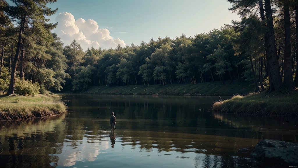 a man standing in the middle of a forest next to a body of water, a matte painting by Mike Winkelmann, cgsociety, fantasy art, #vfxfriday, matte painting, dystopian art