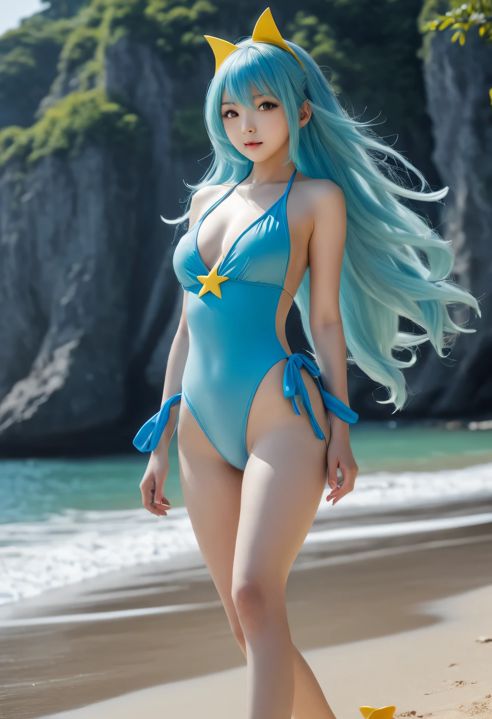 instagram star Xiaorou SeeU, dressed in  swimsuit cosplay, is strolling and acting adorable by the beach, no nudity, safe for work, show all of her, full body shot, head to toe, highest detail, masterpiece, extreme quality