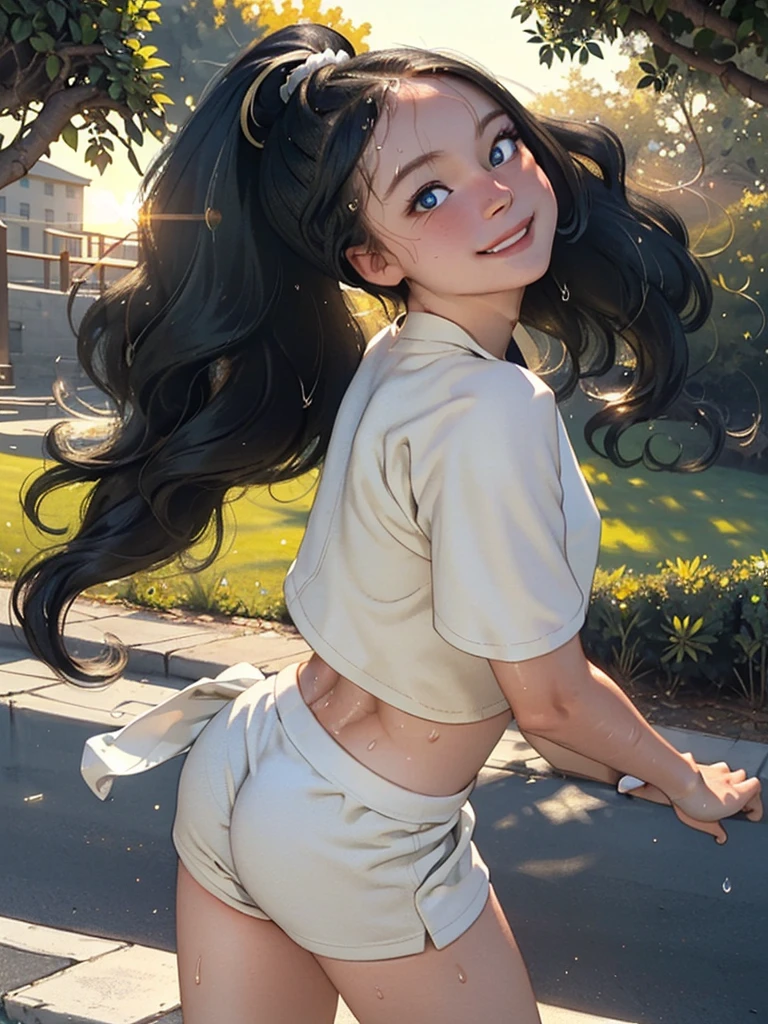 (best quality, masterpiece), 1girl, (muscular:0.1), pale skin, athletics, (running:1.2), twisted torso, blonde, ponytail, head tilt, smile, happy, wavy black hair, lens flare, backlight, (sweat:1.2), crop top, steaming body, wind, outdoor, park, sunset, from behind, butt, blue eyea,