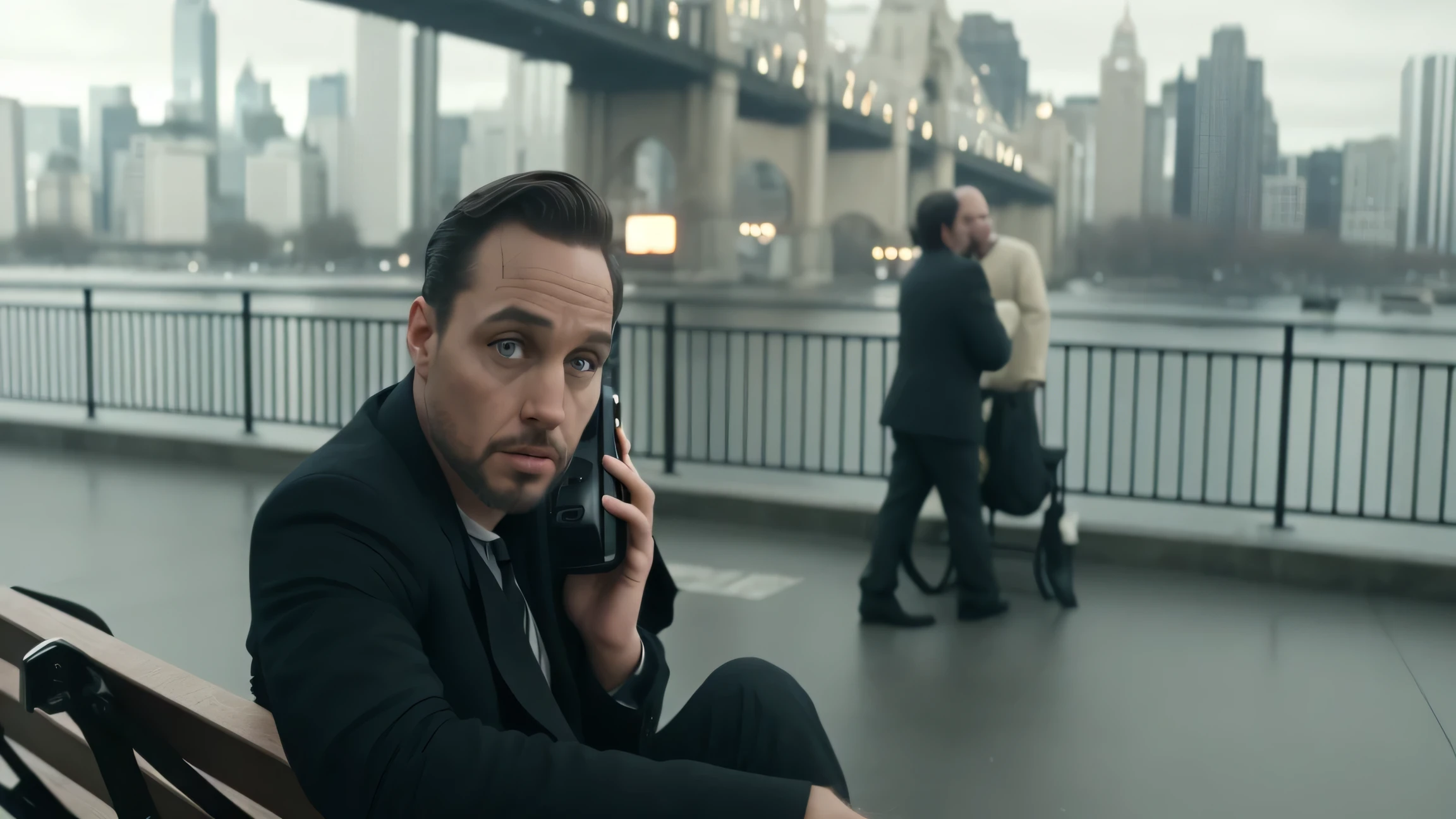 there is a man sitting on a bench talking on a cell phone, screenshot from a movie, noire moody scene, full color still, shot from movie, shot from danis villeneuve movie, in this ominous scene, complex scene, atmospheric ”, atmospheric”, scene from a movie, favorite scene, movie screencap, still frame from a movie, tessa thompson