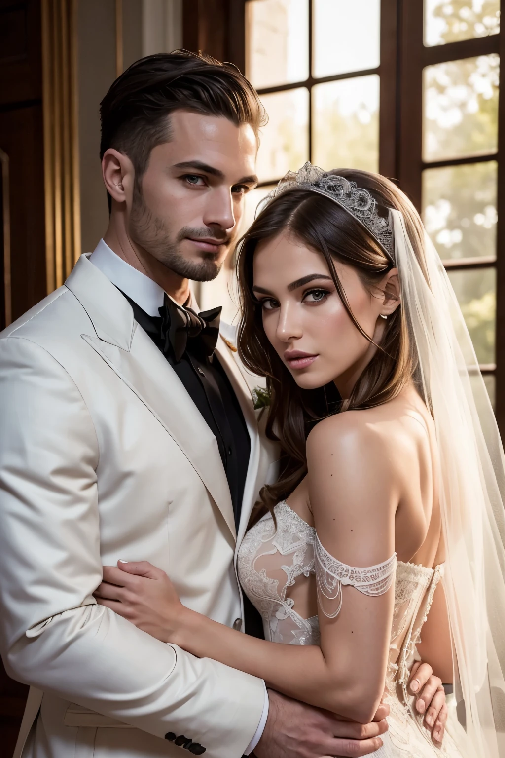(RAW, Best quality, high resolution, masterpiece: 1.5), Russian Instagram Model Daria Shy, also known as Daria Shishova, holding her boyfriend in a wedding dress and veil, and groom,
Masterpiece, detailed, ultra-realistic, photorealistic rendering: 1.5,
beautifully lit scene, couple in love, raw emotion, vivid colors,
both dressed in traditional white wedding attire,
groom with charming smile, suit and bow tie,
Daria with captivating gaze, radiant complexion,
delicate veil covering her long blonde locks,
intricately designed wedding dress with lace details,