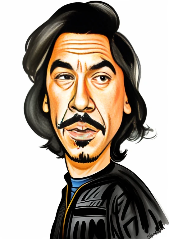 um desenho de um homem com bigode e jaqueta preta, Adam Motorista behind, Adam Motorista, caricatura illustration, Adam Motorista as master chief, inspirado em Bill Ward, Retrato de Keanu Reeves, caricatura style, caricatura, retrato de John Wick, Retrato de Alan Watts, Retrato de Danny Trejo, queixo comprido, Jorge Harrison, inspirado em John Cale, retrato de desenho animado