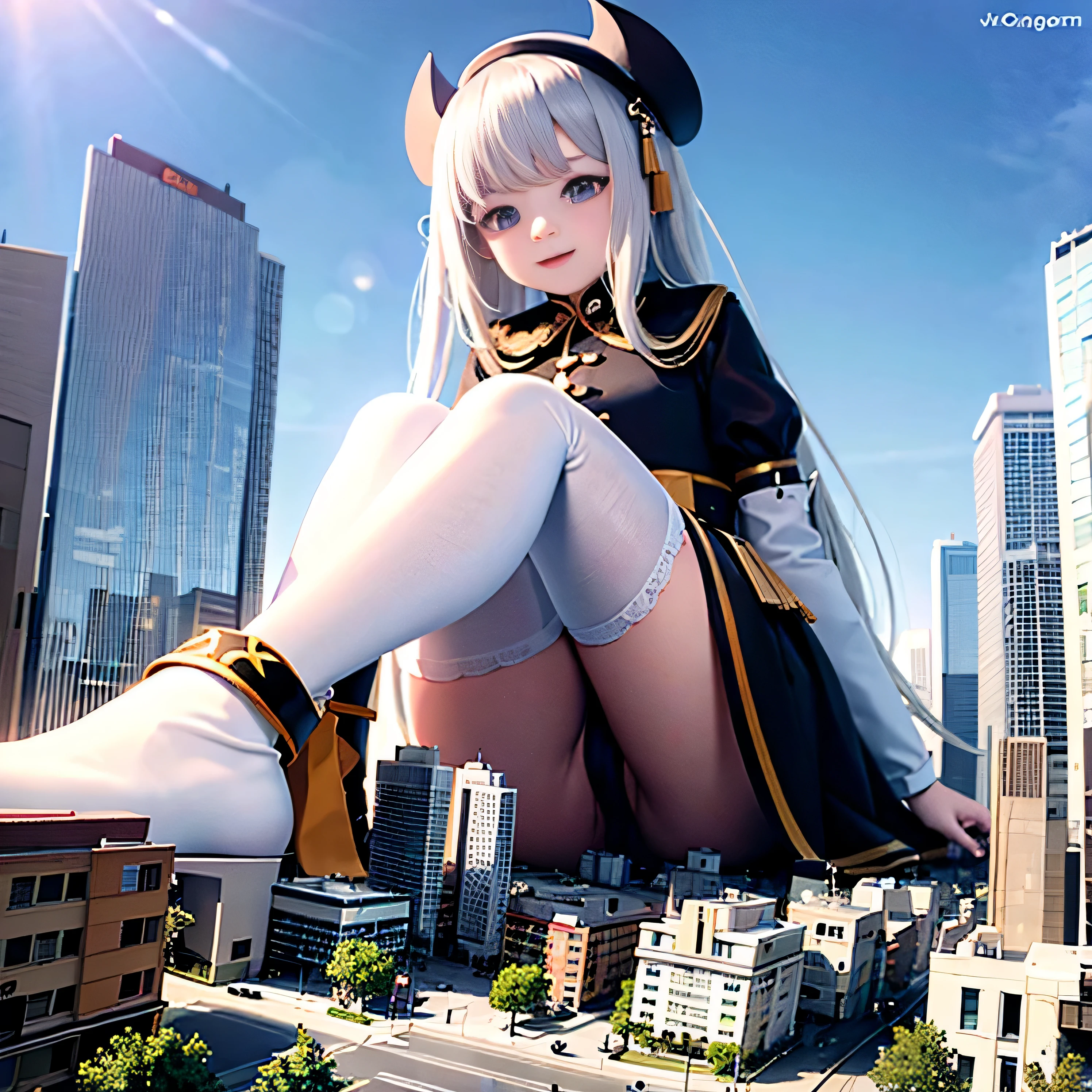 女huge art, Cute little li，Exquisite facial features，12ighly detailed 女huge , huge, white hair, 比摩天大楼还大的女huge, very small city, 试图摧毁一座micro city, full body depiction, governor, giga 女huge, 女huge, white pantyhose, Booties ,stomping city,Collapsed cities,small city,micro city,