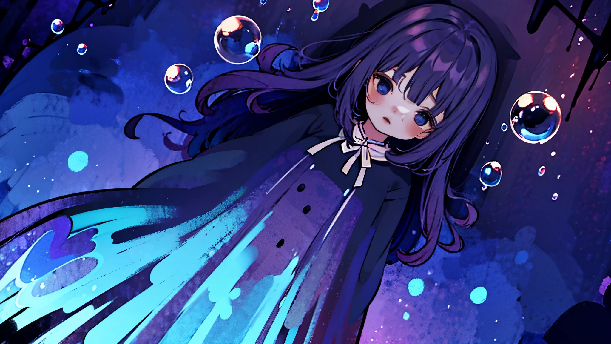 a girl trying to escape her nightmares displayed as a rather literal depiction in the nouveau art style, aristocratic, dark, horrific, night, shadows, purples and blues, extreme perspective, bubbles exploding into nightmares