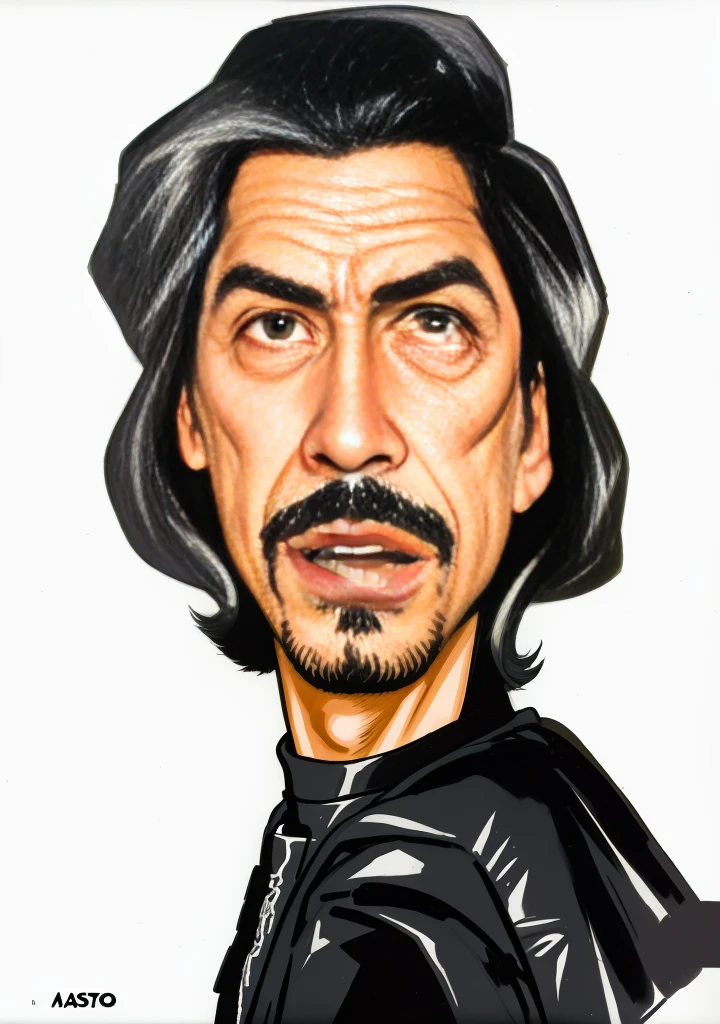 um desenho de um homem com bigode e jaqueta preta, Adam Motorista behind, Adam Motorista, caricatura illustration, Adam Motorista as master chief, inspirado em Bill Ward, Retrato de Keanu Reeves, caricatura style, caricatura, retrato de John Wick, Retrato de Alan Watts, Retrato de Danny Trejo, queixo comprido, Jorge Harrison, inspirado em John Cale, retrato de desenho animado