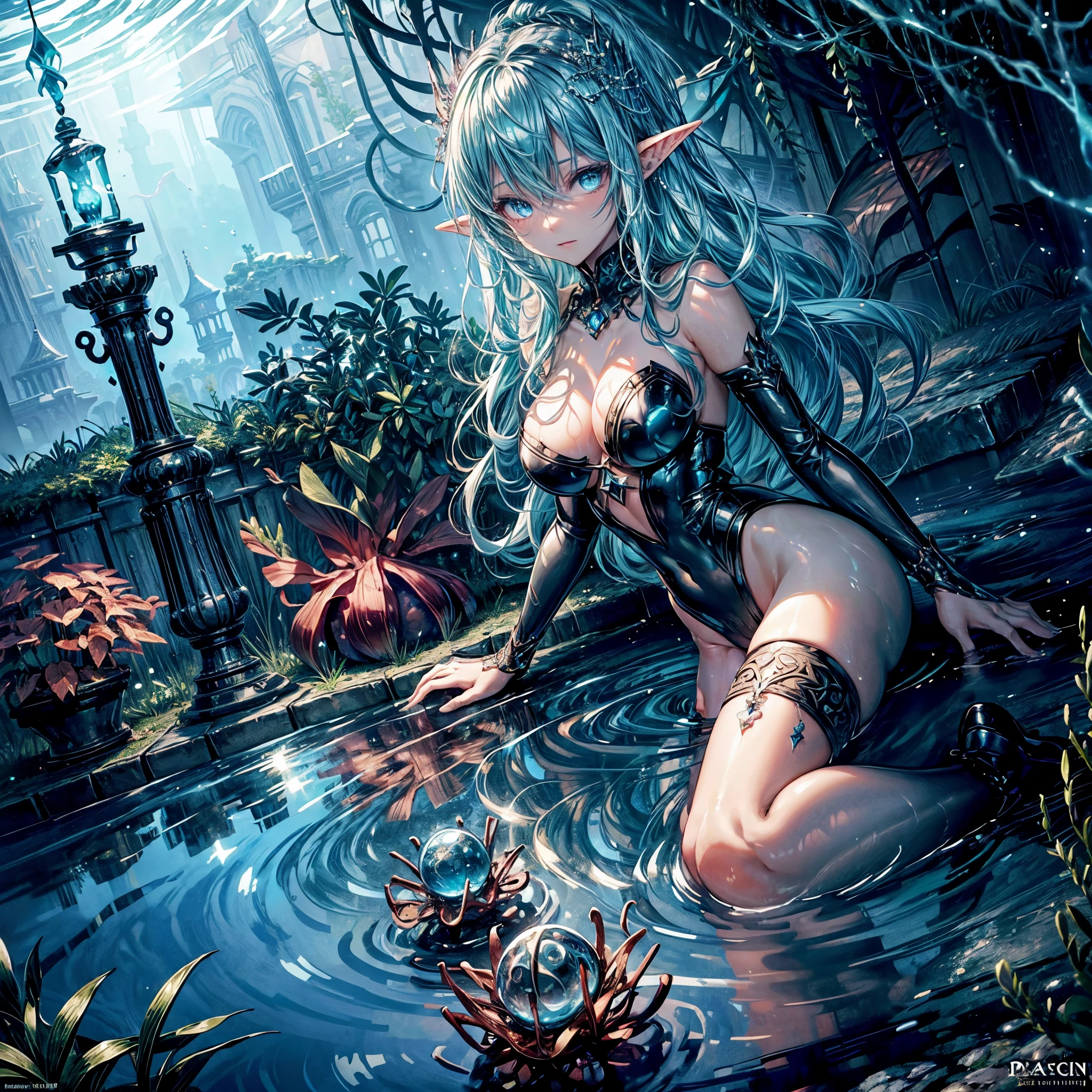 high details, best quality, 16k, [ultra detailed], masterpiece, best quality, (extremely detailed), dynamic angle, ultra wide shot, RAW, photorealistic, fantasy art, dnd art, rpg art, realistic art, an ultra wide picture of a sea elf (1.5 intricate details, Masterpiece, best quality) water mage casting ((water control spell)), water wizard ((water magic, intense magic details)), ((controlling a swirling mass of water)), magical symbols GlowingRunes_pink, female sea elf, blue skin, green hair, long hair, swirling hair, intense eyes, small pointed ears, ((blue eyes)), ((glowing eyes)), armed with magical wand, wearing sea shell clothing, beautiful elf, underwater background, rich underwater life, ((magical atmosphere)), fish and sea weeds, high details, best quality, highres, ultra wide angle