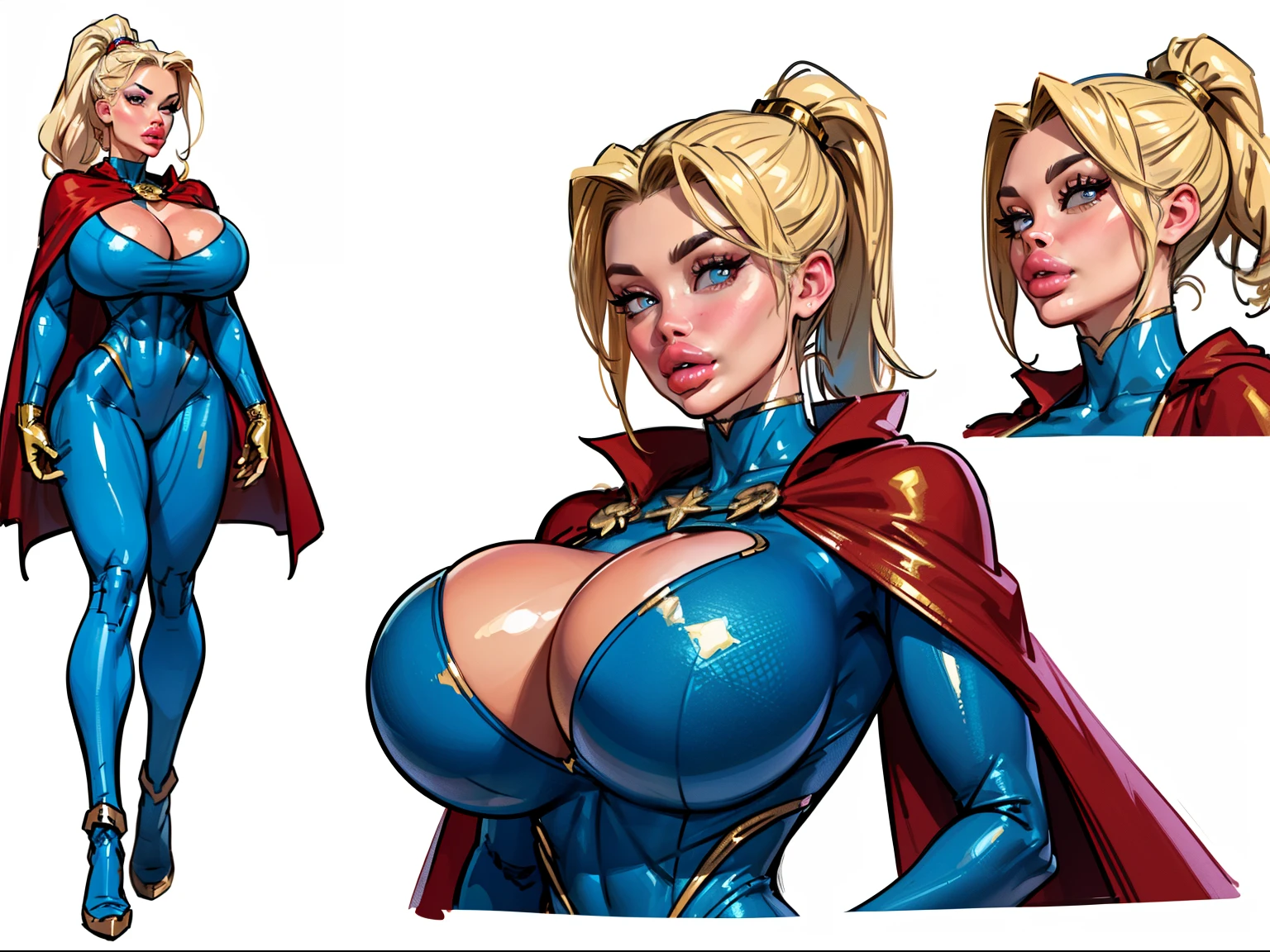 ((masterpiece)),(((best quality))),((character design sheet)), ((full body view)) illustration,1girl, muscular, ((blue bodysuit:1.5)), superhero, (blonde ponytail:1.4), (red cape:1.4) ((detailed face:1.4)) ((slendered abs)), gold gloves, (gigantic breasts:1.2), ((cleavage)), gold boots, beautiful woman, (gold thighhighs:1.3)shiny skin, (gold emblem on chest:1.2),scribbles and marks, (puffy lips:1.5), rough sketches, pose, 8k,16k, (simple background, white background: 1.3)