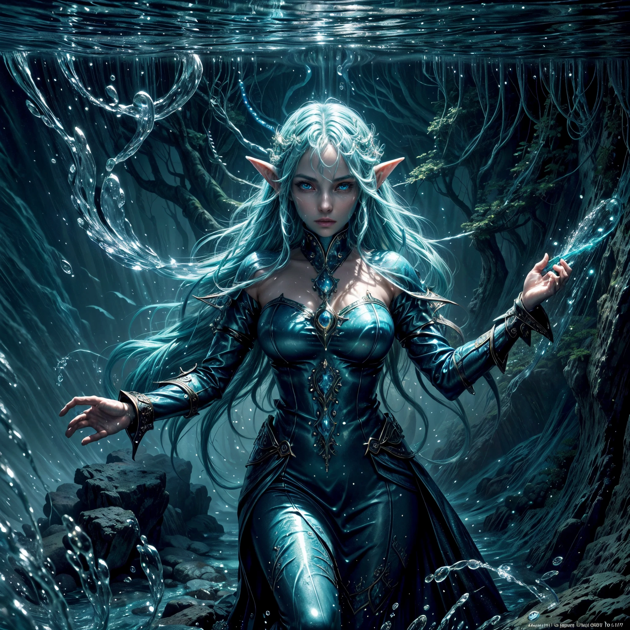 high details, best quality, 8k, [ultra detailed], masterpiece, best quality, (extremely detailed), dynamic angle, ultra wide shot, RAW, photorealistic, fantasy art, dnd art, rpg art, realistic art, an ultra wide picture of a sea elf (1.5 intricate details, Masterpiece, best quality) water mage casting ((water control spell)), water wizard ((water magic,intense magic details)), ((controling a swirling mass of water)), magical symbols, female sea elf, blue skin, green hair, long hair, swirling hair, intense eyes,small pointed ears, ((blue eyes)), ((glowing eyes)), armed with magical wand, wearing sea shell clothing, beautiful elf, underwater background, rich underwater life, ((magical atmosphere)), fish and sea weeds, high details, best quality, highres, ultra wide angle