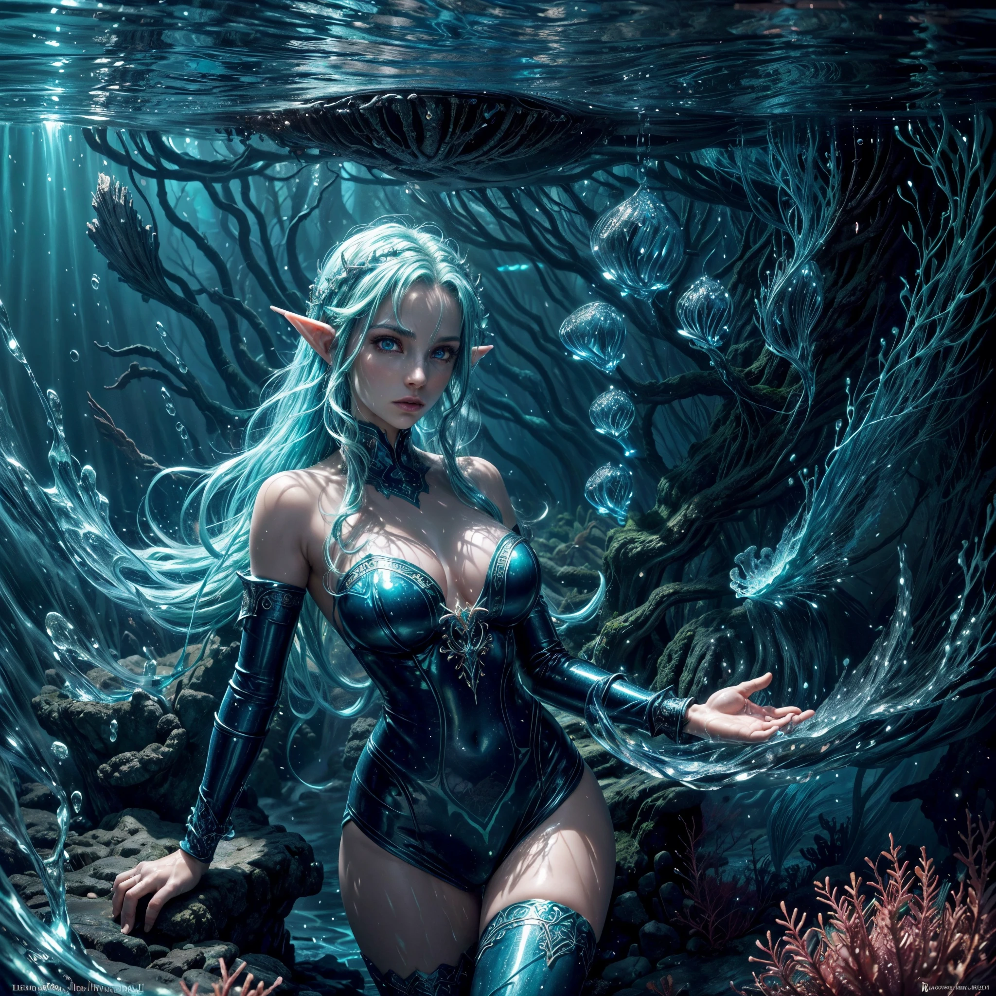 high details, best quality, 16k, [ultra detailed], masterpiece, best quality, (extremely detailed), dynamic angle, ultra wide shot, RAW, photorealistic, fantasy art, dnd art, rpg art, realistic art, an ultra wide picture of a sea elf (1.5 intricate details, Masterpiece, best quality) water mage casting ((water control spell)), water wizard ((water magic, intense magic details)), ((controlling a swirling mass of water)), magical symbols GlowingRunes_pink, female sea elf, blue skin, green hair, long hair, swirling hair, intense eyes, small pointed ears, ((blue eyes)), ((glowing eyes)), armed with magical wand, wearing sea shell clothing, beautiful elf, underwater background, rich underwater life, ((magical atmosphere)), fish and sea weeds, high details, best quality, highres, ultra wide angle