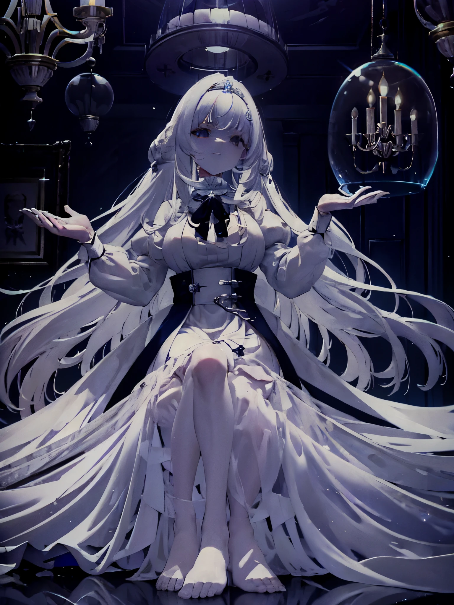 white haired woman very long hair hair falling on the floor Sitting on the floor Light is shining from above inside the white castle transparent glass BLUE Composition looking up from bottom to top Large chandelier