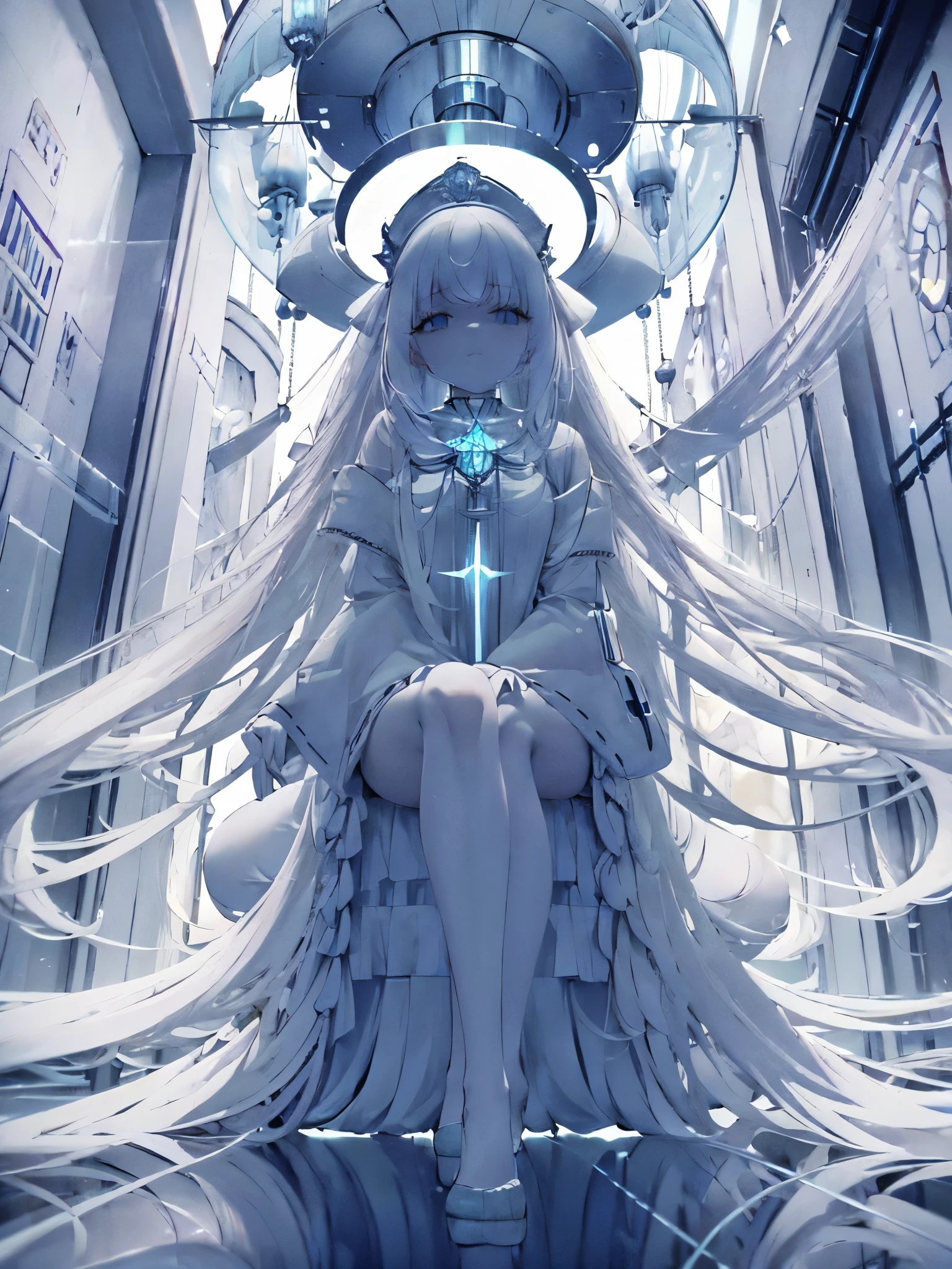 white haired woman　very long hair　hair falling on the floor　Sitting on the floor　Light is shining from above　inside the white castle　transparent　glass　BLUE　Composition looking up from bottom to top　Large chandelier