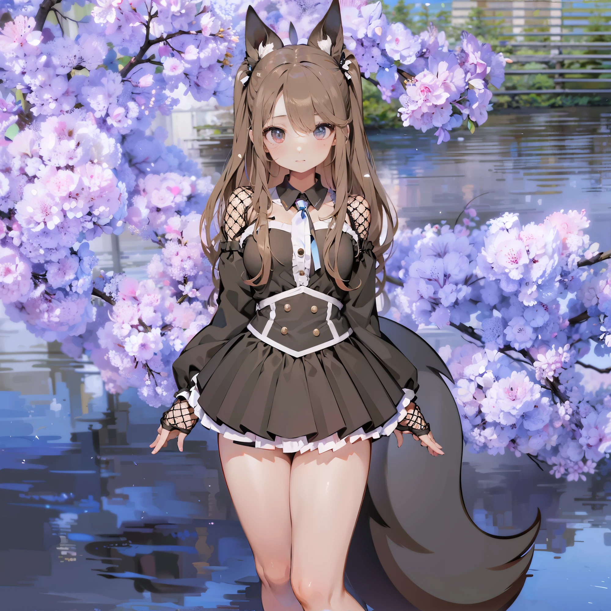 melhor qualidade, Ultra high resolution, 1girl, camisa preta com mangas, saia preta, gargantilha preta, fofa, (kpop idol), (aegyo sal:1), (cabelo marrom grande:1), ((olhos inchados cor rosa)), olhando no observador, corpo inteiro, de frente