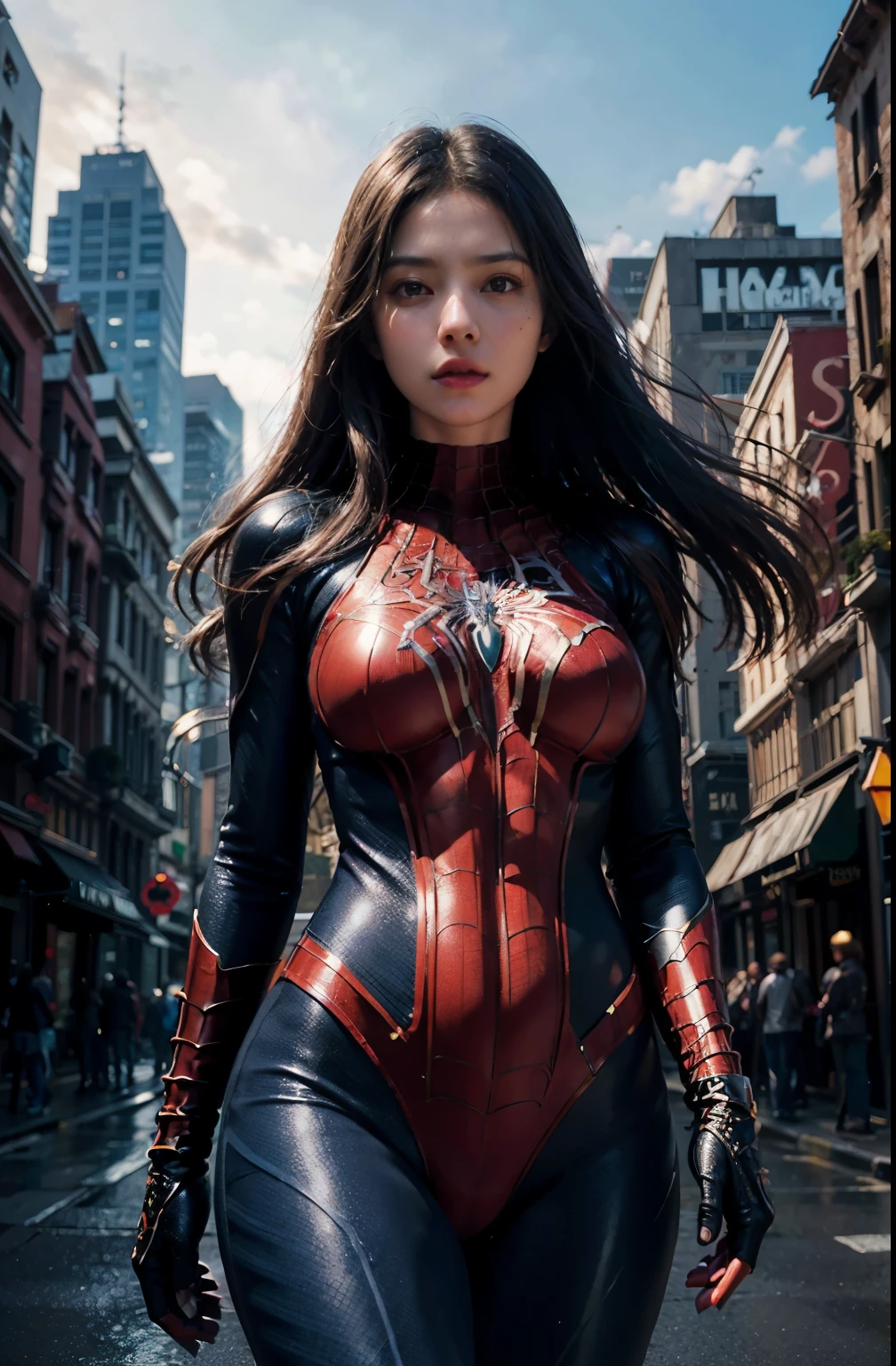 (wearing spiderwoman_cosplay_outfit:1.1), in front of a sky, 
good hand,4k, high-res, masterpiece, best quality, head:1.3,((Hasselblad photography)), finely detailed skin, sharp focus, (cinematic lighting), night, soft lighting, dynamic angle, [:(detailed face:1.2):0.2], medium breasts, outside,pregnancy