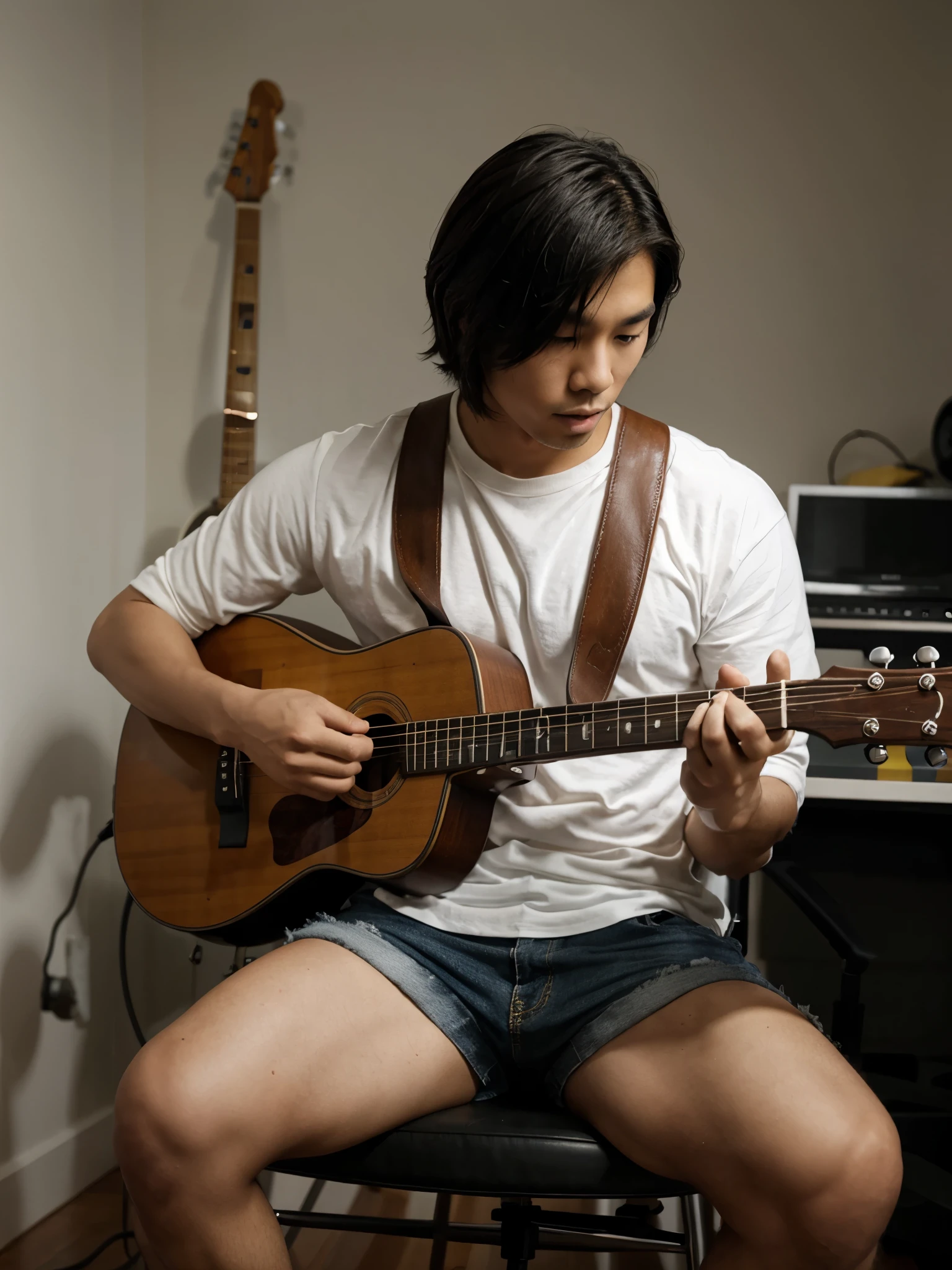 slim asian wearing man with ponytail on top of head, playing guitar, smirk