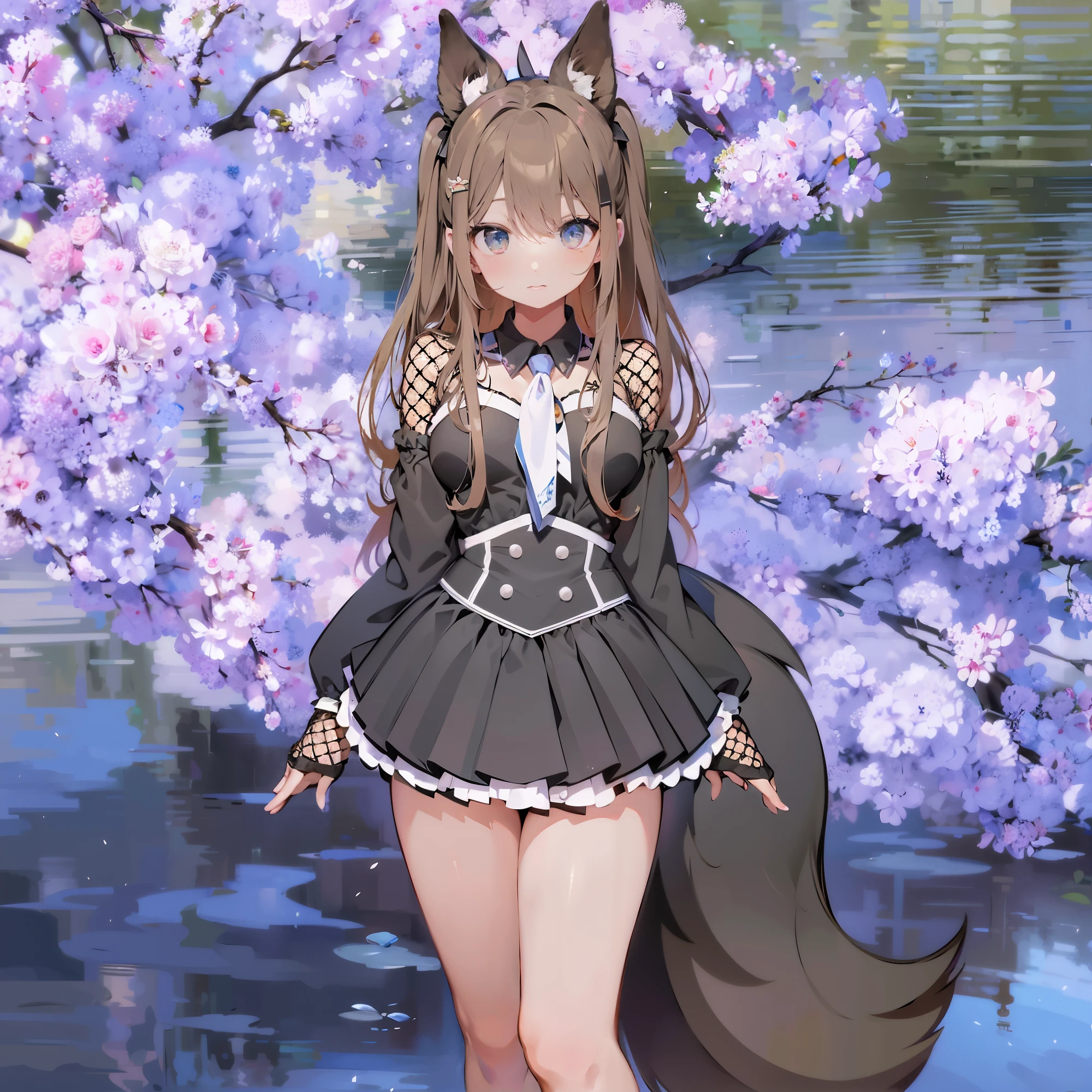 melhor qualidade, Ultra high resolution, 1girl, camisa preta com mangas, saia preta, gargantilha preta, fofa, (kpop idol), (aegyo sal:1), (cabelo marrom grande:1), ((olhos inchados cor rosa)), olhando no observador, corpo inteiro, de frente