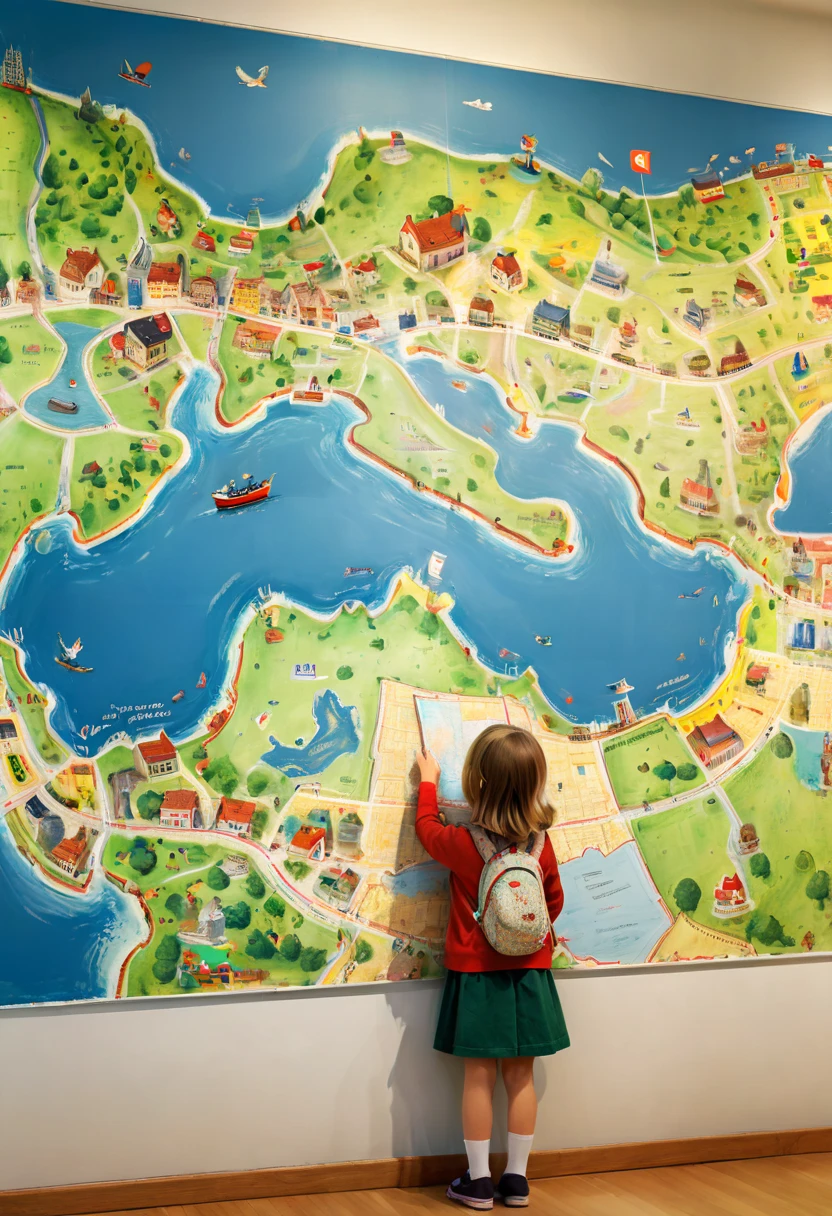 a girl watching a map on the wall, backview, by Richard Scarry, panoramic view, Ultra high saturation, (best quality, masterpiece, Representative work, official art, Professional, 8k)