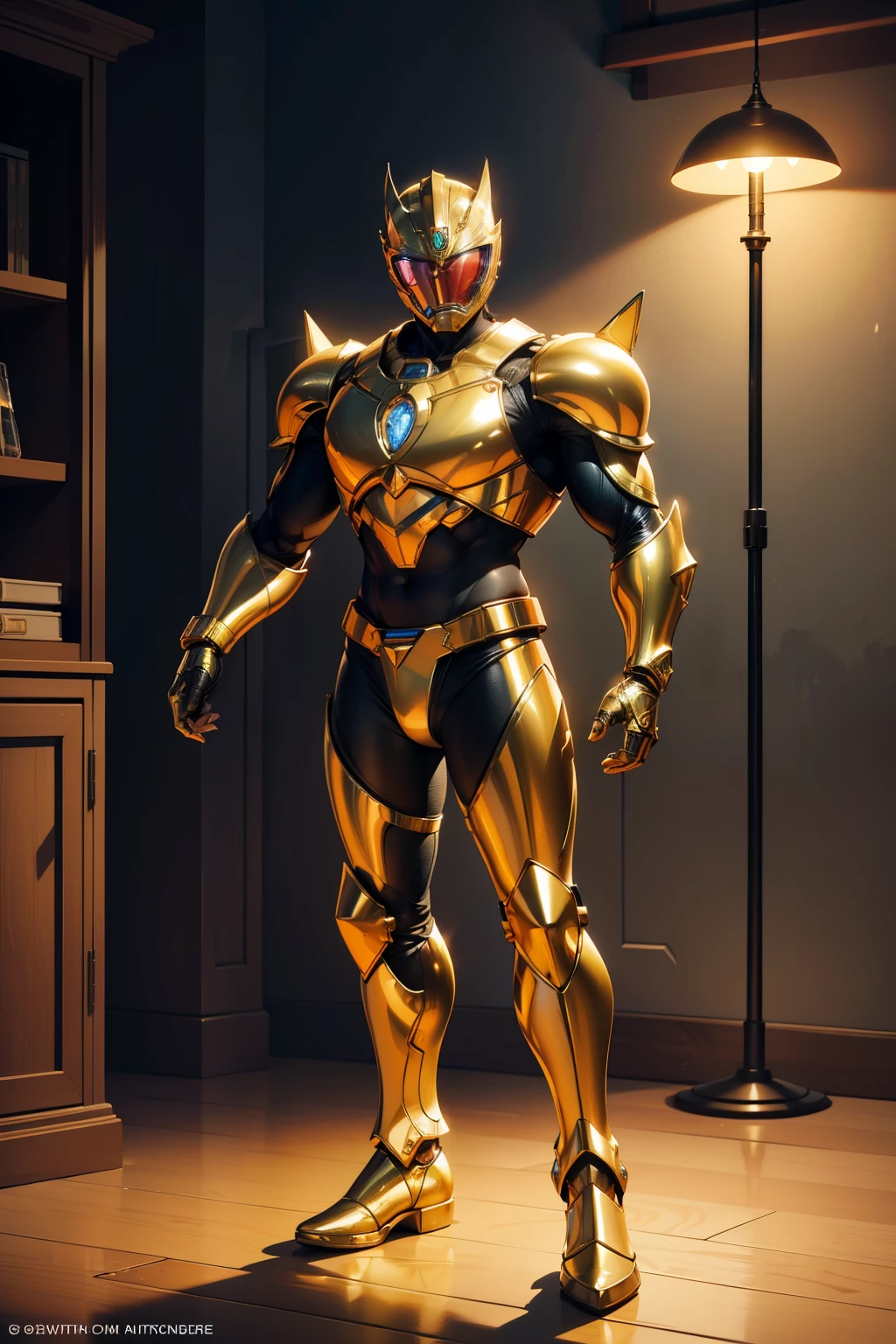 In the heart of your 's playroom, a captivating sight unfolds. A full-body, ultra-detailed Kids Power Ranger armor shines brightly, gleaming with 8k ultra-realistic textures. The intricate design, crafted to perfection, showcases every last screw and plate, making it a true work of art. The bright, metallic colors pop against the muted background, and the refined edges glisten under the soft glow of the nearby lamp. The aroma of freshly painted plastic wafts through the air, tickling your nose and reminding you of childhood memories. As you approach, the armor hums gently, vibratingwith a subtle, comfort