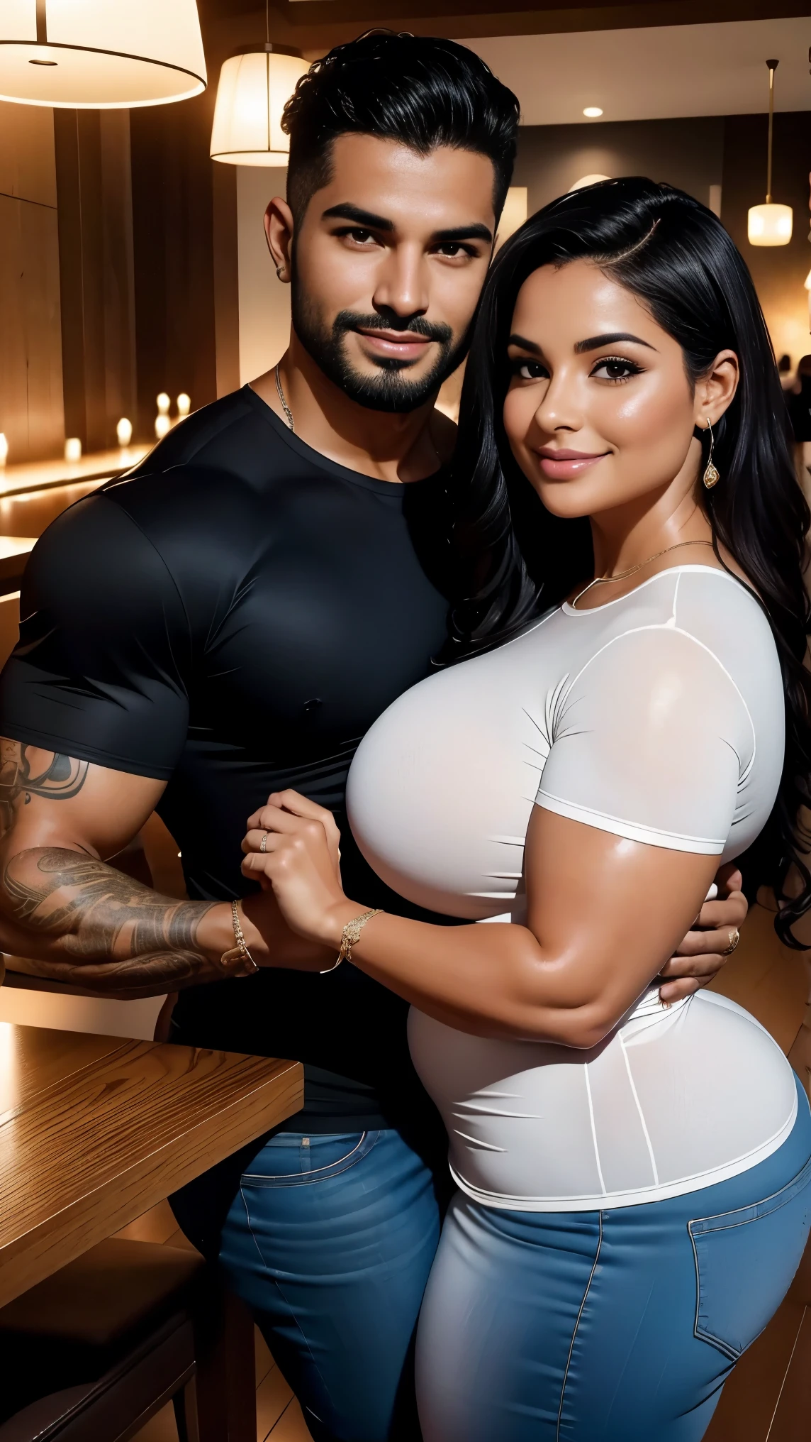 Mulher e homem Latinos, they are both 30 years old, Embraced, romantic pose, She has very long, wavy black hair, Rosto chubby lindo, corpo chubby, corpo perfeito, voluptuous curvy body, enormes, skin oiled, Olhos detalhados, detailed hands. Ele tem cabelo preto liso undercut, rosto de modelo perfeito, barba feita, corpo bodybuilder, tattooed right arm. The couple is in a restaurant. Both looking happily smiling at the camera. He is a little taller than her.