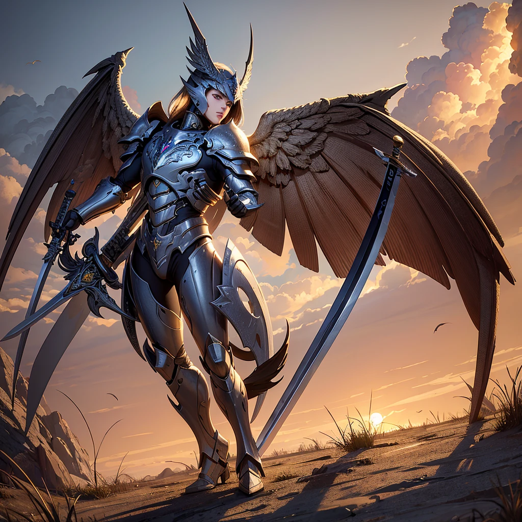 (masterpiece, best quality:1.3),extremely high detailed, intricate, 8k, HDR, wallpaper, cinematic lighting, (universe),(holding sword:1.3), glowing, armor, glowing eyes, mecha, large wings,