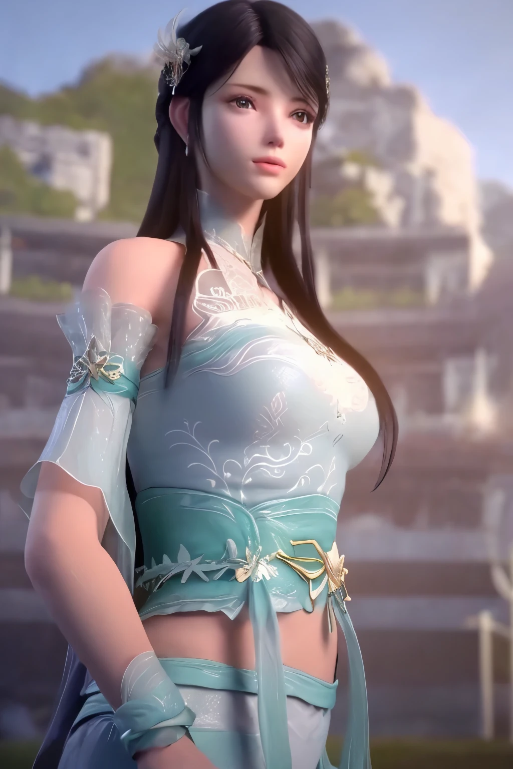 Masterpiece, absurdres, fine detail, HDR, highly detailed face and eyes, photorealistic, (8k, best quality, masterpiece:1.2), ultra-detailed, extremely detailed cg 8k wallpaper,fashion,
(crystalstexture skin:1.2), (extremely delicate and beautiful),
(masterpiece, best quality:1.2),1girl, solo, narrow waist, wide hips, (large breasts:1.5),long hair, black hair, xuner,(looking at viewer:1.2), natural lighting, sexy, fantasy, dreamlike, unreal, science fiction, absurdly long hair, very long hair, (rich:1.4), detail, delicate pattern, charming, alluring, seductive, erotic, enchanting, hair ornament, pool, bikini, bare midriff, outdoors, triangle bikini, triangle bikini top