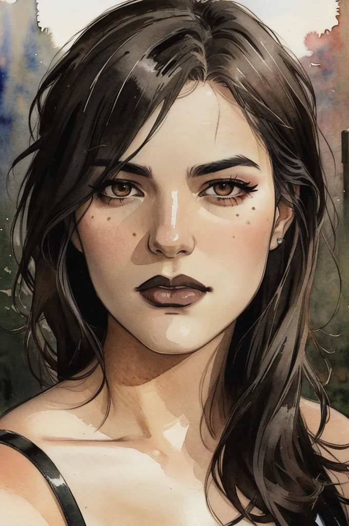 mj, RTX, 4k, HDR, close-up, watercolor, portrait, ((masterpiece)),((best quality)), watercolor drawing, face of a stylish goth girl, edgy atmosphere, dark, mascara, eyeliner, dark cheeks , round eyes, dimples, smoky eye makeup, defined jawline, skin pores, shiny skin, grain, harsh flash lighting, sepia tone, realistic skin texture, style by Makoto Shinkai, Jamie Wyeth, James Gillard, Edward Hopper, Greg Rutkowski Studio Ghibli Genshin Impact