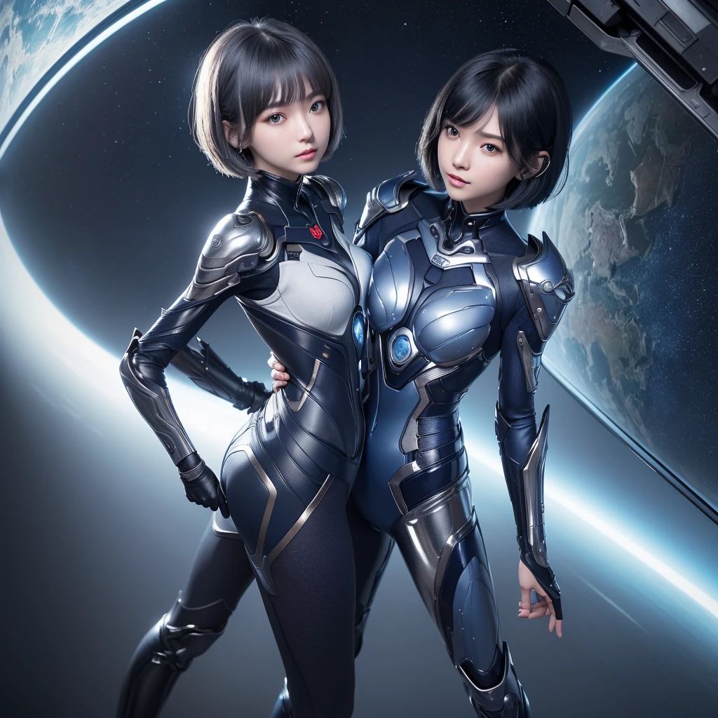 (masterpiece、highest quality、highest resolution、clear_image、Detailed details、angle from above): (full body figure、One 18 year old girl、Japanese face、small face、thin、Super Short Bob Cut Hair、(hidden small:1.3)、dark blue hair girl、shining blue eyes、blue and black pilot suit、armor that protects the chest、tight-fitting clothes、clothes that cover the whole body、shiny clothes、tight fit pants、clothes that hide skin、very delicate and beautiful、fine skin、Because I&#39;m slender、exoskeleton、cute type、gentle smile、soft expression、heroine、headset、knee high boots、gloves up to the elbow、eye level shot、Directly facing、woman on a spaceship)