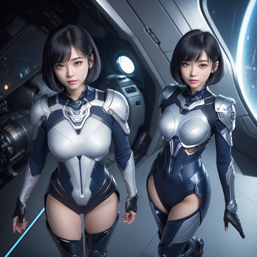 (masterpiece、highest quality、highest resolution、clear_image、Detailed details、angle from above): (full body figure、One 18 year old girl、Japanese face、small face、thin、Super Short Bob Cut Hair、(hidden small:1.3)、dark blue hair girl、shining blue eyes、blue and black pilot suit、armor that protects the chest、tight-fitting clothes、clothes that cover the whole body、shiny clothes、tight fit pants、clothes that hide skin、very delicate and beautiful、fine skin、Because I'm slender、exoskeleton、cute type、gentle smile、soft expression、heroine、headset、knee high boots、gloves up to the elbow、eye level shot、Directly facing、woman on a spaceship)