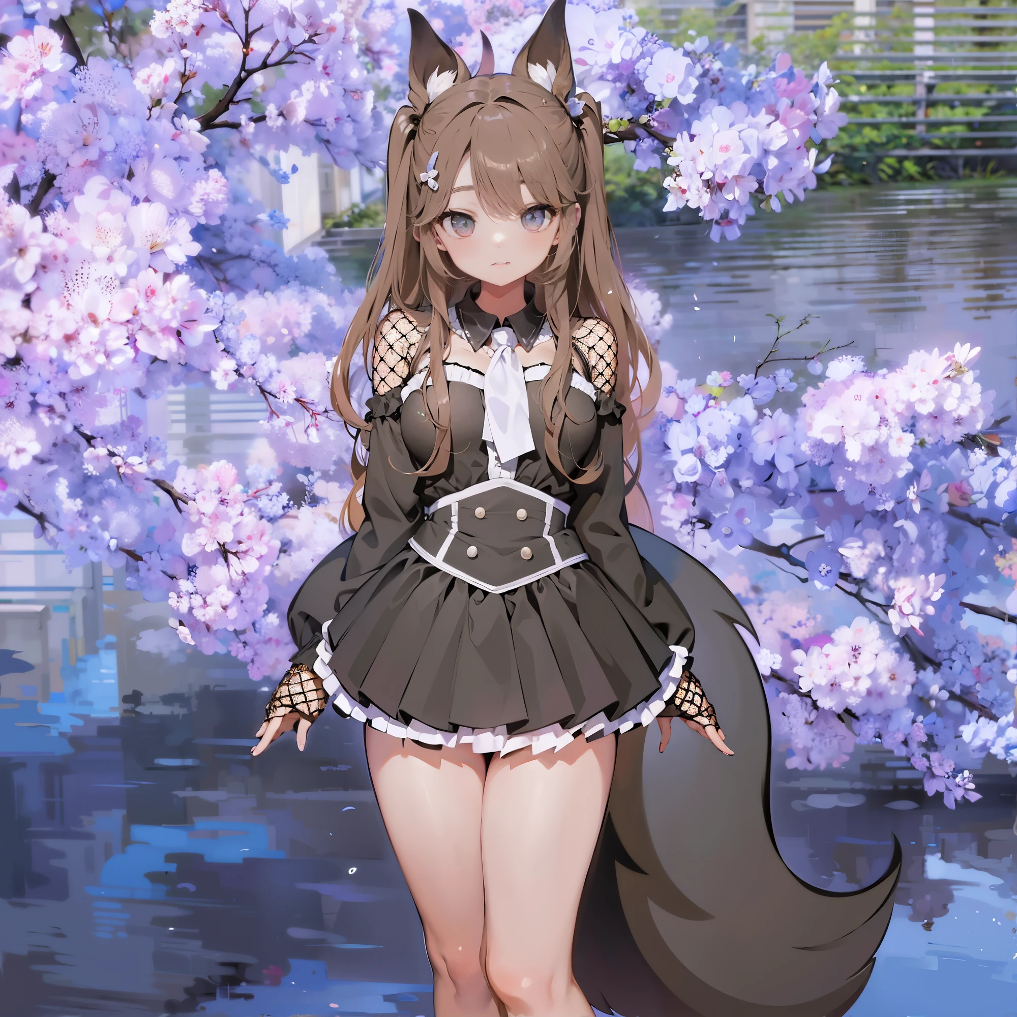 melhor qualidade, Ultra high resolution, 1girl, camisa preta com mangas, saia preta, gargantilha preta, fofa, (kpop idol), (aegyo sal:1), (cabelo marrom grande:1), ((olhos inchados cor rosa)), olhando no observador, corpo inteiro, de frente
