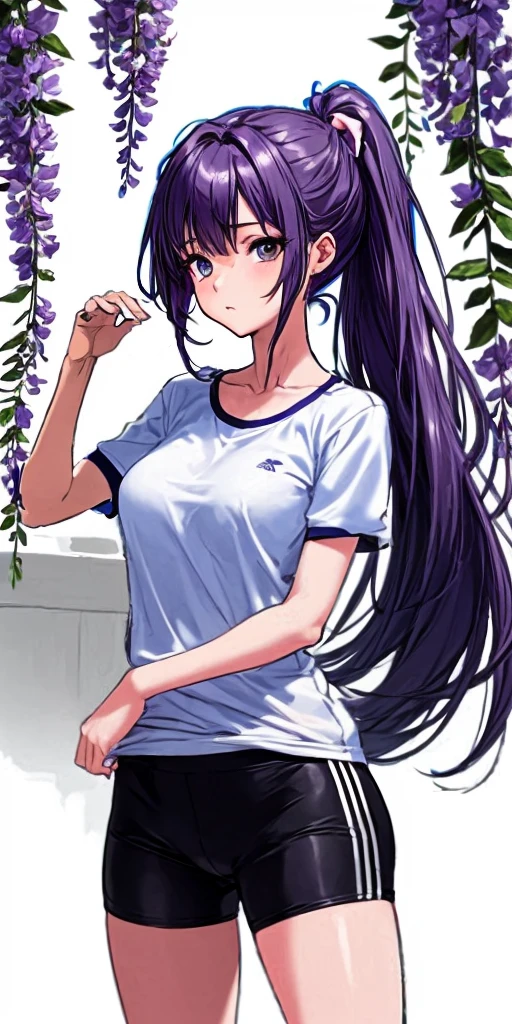 A beautiful woman with a mature face and long wisteria-purple hair tied in a ponytail with a pale pink ribbon.。White gym clothes。dark blue buruma。school playground。