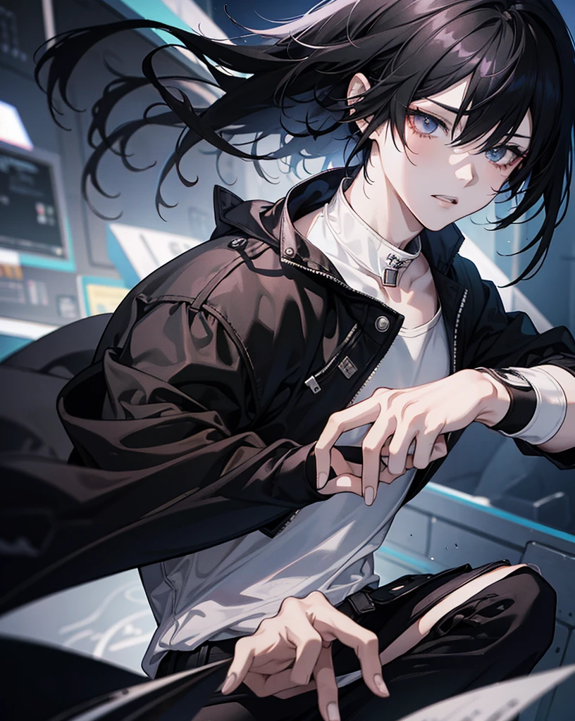 Sfw, Emo anime boy, white highlights with black hair, wearing cool gaming clothes