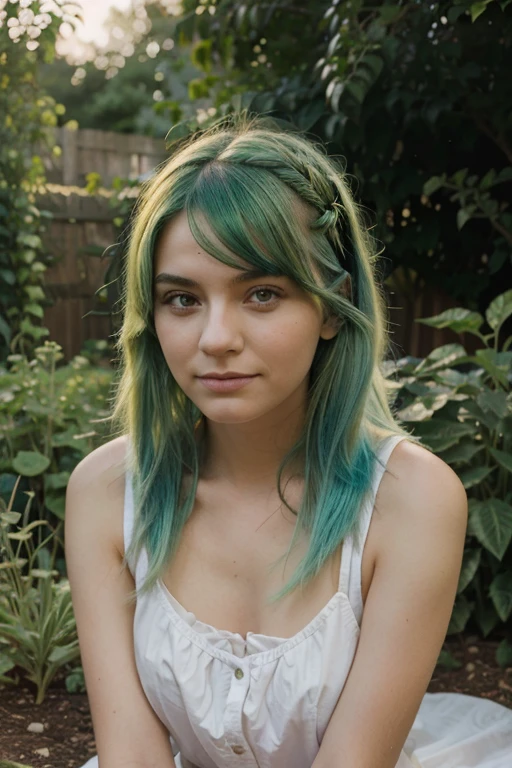 SAME GIRL, SAME FACE, GREEN HAIR, IN HIS GARDEN