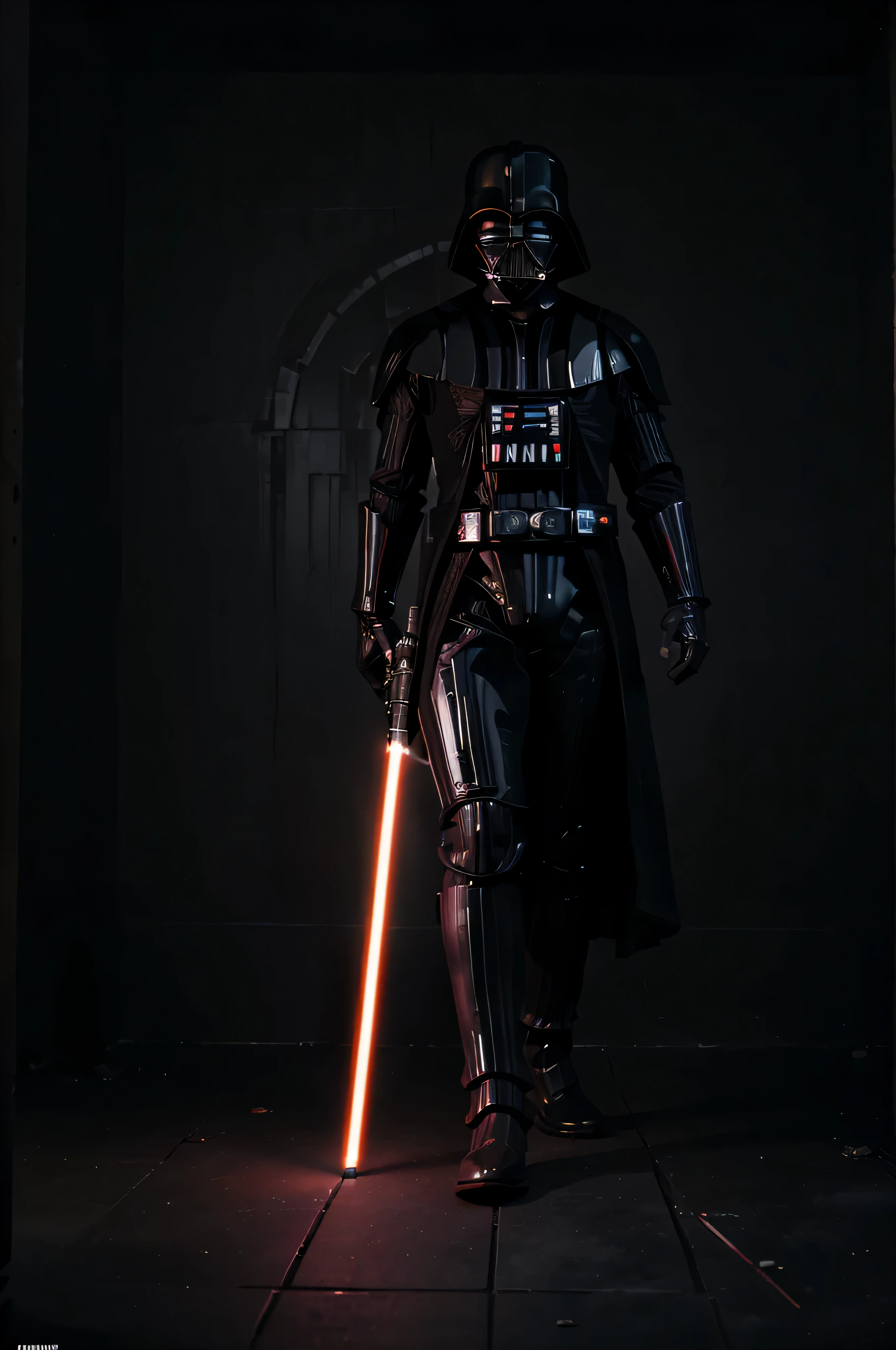 generate image : a full body photo darth vader with red light saber and with cool pose but barefeet only. with no helmet, stormtroopers armies at the back. hyper-fidelity, beautiful extra details, masterpiece, dark theme, serious theme, movie scene-like photo style, epic photo. 16K UHD hyper-realistic photo, realism