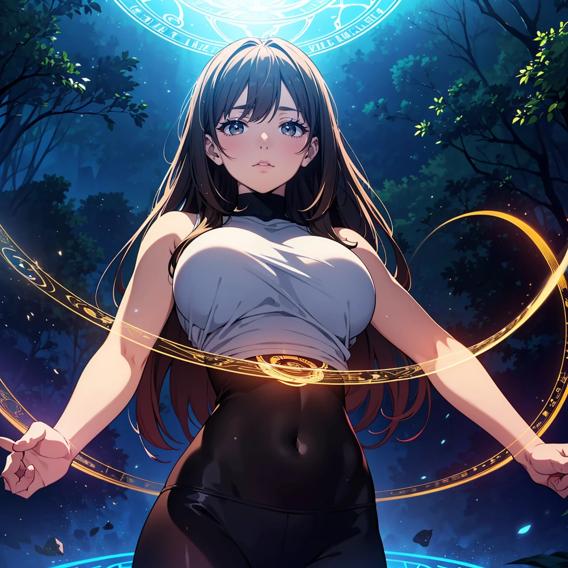 ((masterpiece)), (highest quality), (ultra high resolution,8K),(Ultra high fine mesh,4K), (Highly detailed CG integrated 8k wallpaper), (perfect anatomy,anatomically accurate), (soft lighting, rendering), (angle from below), (soft lighting, rendering), Close ~ eyes, (girl doing yoga), (surrounded by nature), (((Shining magic circle))), Peaceful and calm background Beautiful and detailed eyes, flowing long hair, yoga clothes, elegant pose, soft and gentle lighting, (very detailed and beautiful face), professional photography techniques, Bright colors, natural light, (very detailed and beautiful face), (large breasts:1.3), (Mysterious, Fantastic), cowboy shot, mindfulness meditation,(Mysterious, Fantastic)