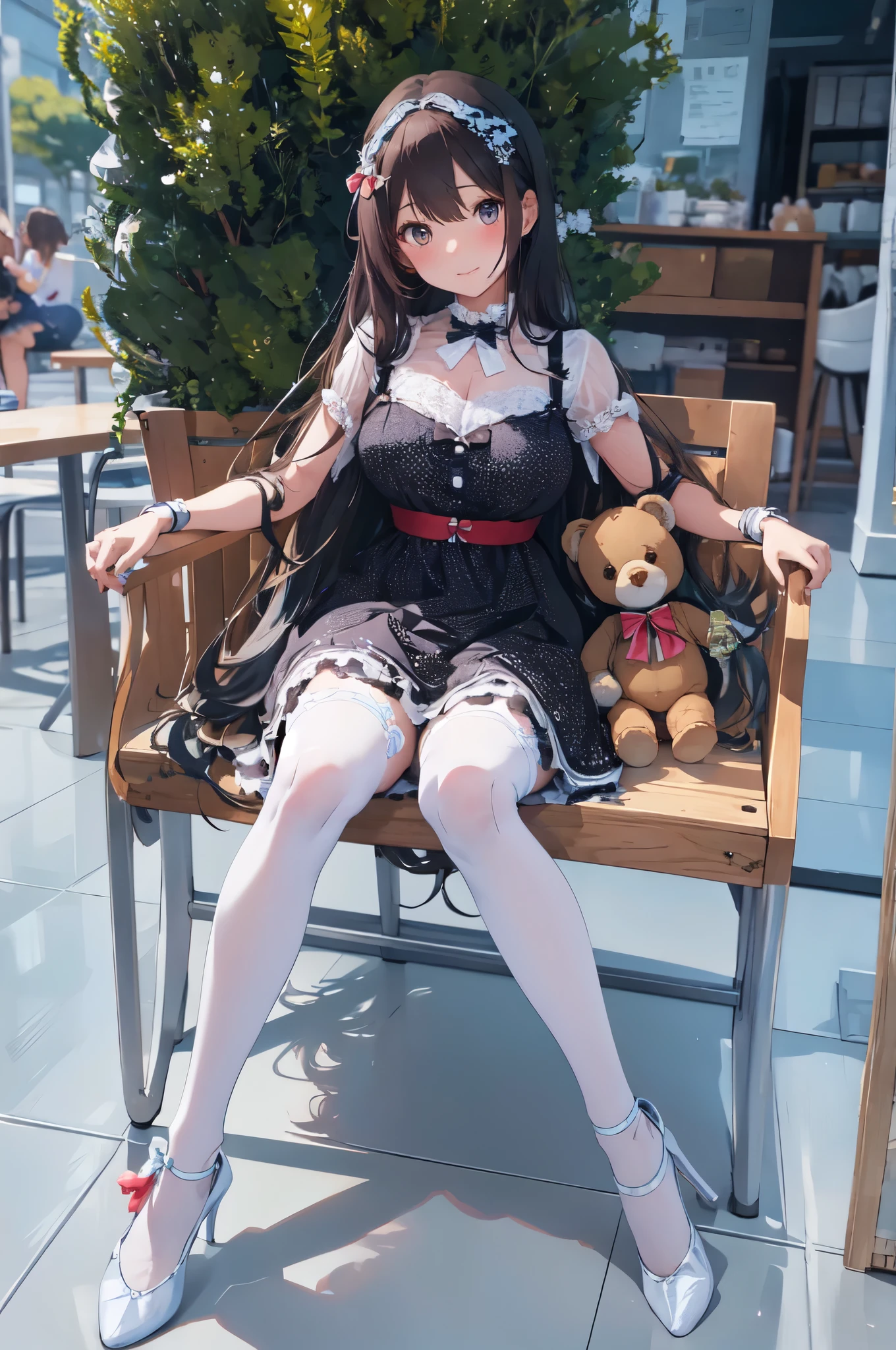 amasterpiece, best quality, 8k, cinematic light, ultra high res, chibi, a cute doll smiling sitting on a sleigh, black hair, christmas steampunk dress, christmas hair bows, (white pantyhose), (black pumps), magical night, winter night, magical sparks floating, falling snow, dark shadows, ((dark fantasy)),