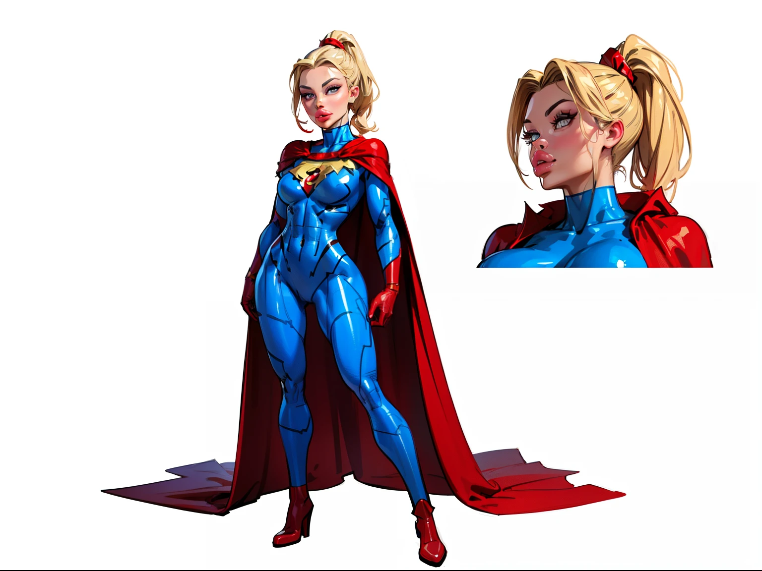 ((masterpiece)),(((best quality))),((character design sheet)), ((full body view)) illustration,1girl, muscular, ((blue bodysuit:1.5)), superhero, (blonde ponytail:1.4), (red cape:1.4) ((detailed face:1.4)) ((slendered abs)), red gloves, red boots, (small breasts:1.5), beautiful woman, (red thighhighs:1.3)shiny skin, (gold emblem on chest:1.2),scribbles and marks, (puffy lips:1.5), rough sketches, pose, 8k,16k, (simple background, white background: 1.3)