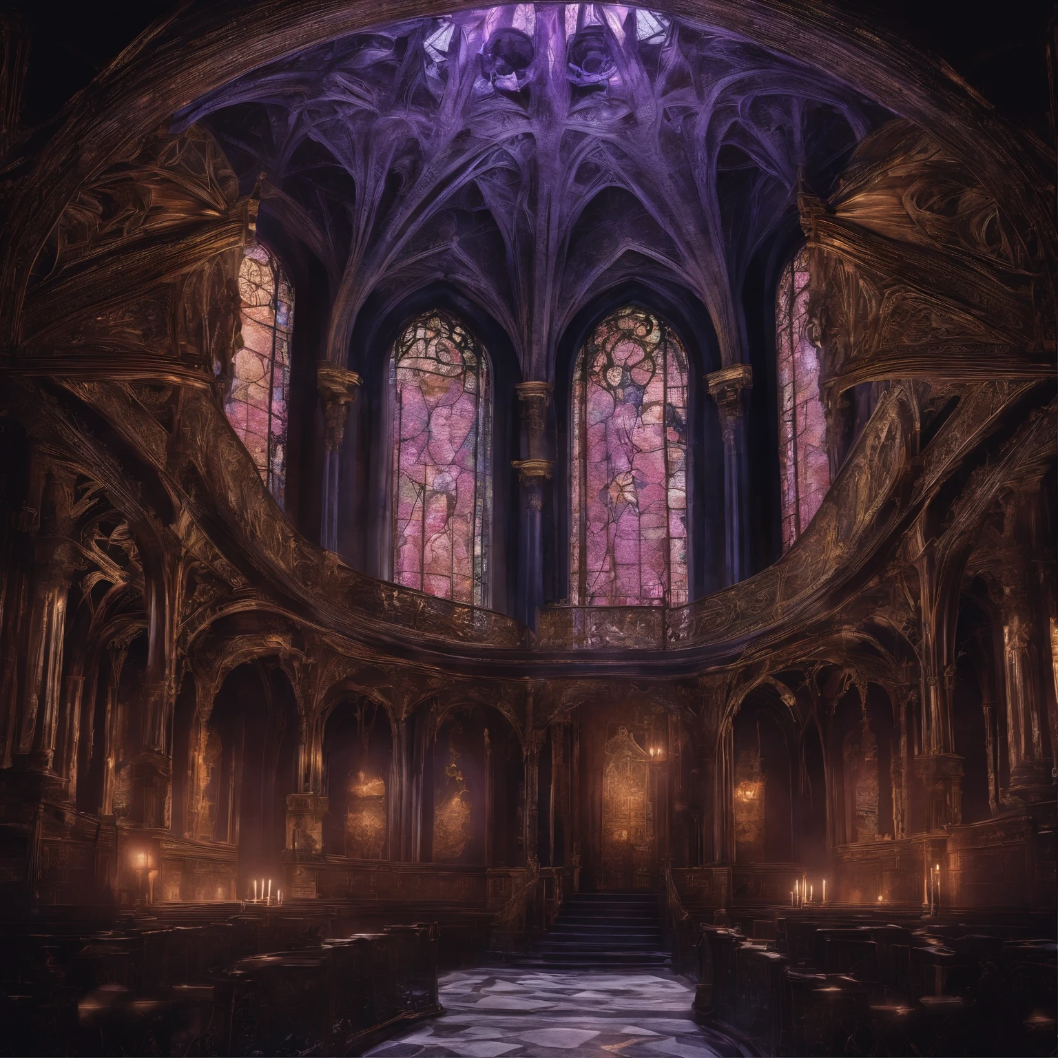 (best quality,ultra-detailed,highres:1.2),gothic architecture,magnificent chapel,perfectly detailed navis,impressive rotunda,ethereal atmosphere,detailed stained glass windows,vibrant colors,dimly lit interior,elaborate stone carvings,sunlight streaming through the windows,sense of tranquility and awe-inspiring,ornate altar and decorations,imposing arches and pillars,dramatic shadows,skilled craftsmanship,lavish details and ornamentation. Add a Tim Burton Style, lugubrious colors like purple and dark red.