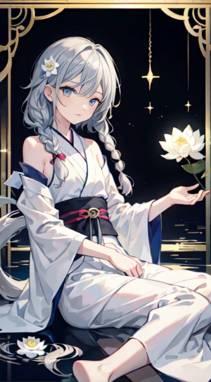 be familiar with eyes, be familiar with eye, be familiar with face, UHD, retina, Accurate, anatomically correct, rough skin, Super detailed, Awards, High resolution, best aesthetics, 超High resolution, clear, ultra be familiar with, 最high quality, high quality, 超high quality, 16k, advanced details, High resolution, be familiar with, masterpiece, beautiful, be familiar with skin, Yaoi, (whole body), (1 Pussy Boy), gray hair, Right braid loose side tail hair, wavy hair, right braid loose side tail wavy gray hair, blue eyes, sleepy eyes, double eyelid, white lotus, white lotus kimono, white lotus hair ornaments, (beautiful cuntboy with right braid loose side tail wavy gray hair holding a white lotus flower)