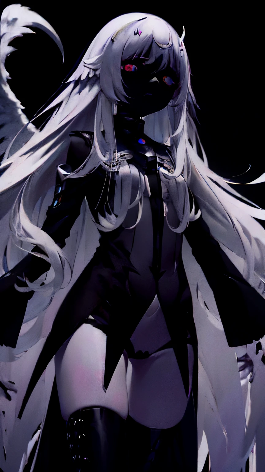 very long white hair、pitch black eye、Expressionless、floating girl、Black gradient、Transparent feet、Black and white background　Redraw face　lifeless face　big clock behind　demise　apocalyptic world　Pitch black face　Black wings