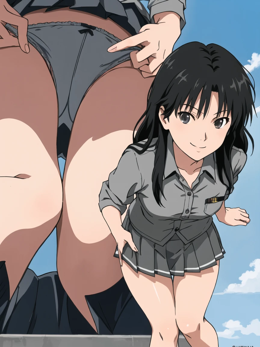 highest quality, ultra high resolution, (realistic: )2D official style cel animation,(multiple views)Amagami Tsukasa Ayatsuji,high school girl,uniform,Gray mini skirt,summer shirt.button unlock,bra,panties,long hair,straight hair,full body portrait,from below,In front of the station,sunny,smile,Low - Angle