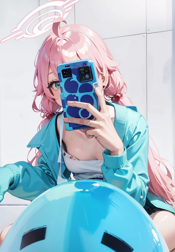 there is a woman no with pink hair taking a picture of herself, anime girl cosplay, anime vibes, pink twintail hair and cyan eyes, anime style mixed with fujifilm, anime cosplay, she is holding a smartphone, belle delphine, hatsune miku cosplay, blue and pink, mikudayo, anime inspired, anime aesthetic, anime cover, cosplay, anime style
