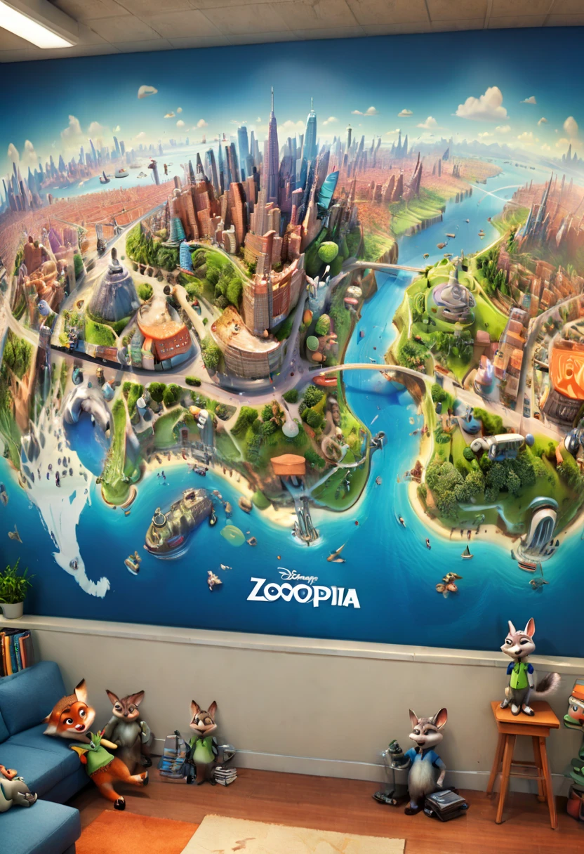 a map on the wall, by Zootopia, panoramic view, Ultra high saturation, (best quality, masterpiece, Representative work, official art, Professional, 8k)